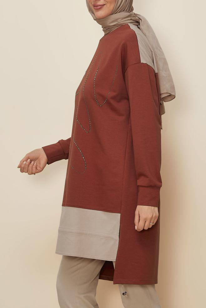 Vêtements hijab ORANGE TUNIQUE DE SURVÊTEMENT AVEC GEMME 44182 - ALVİNA