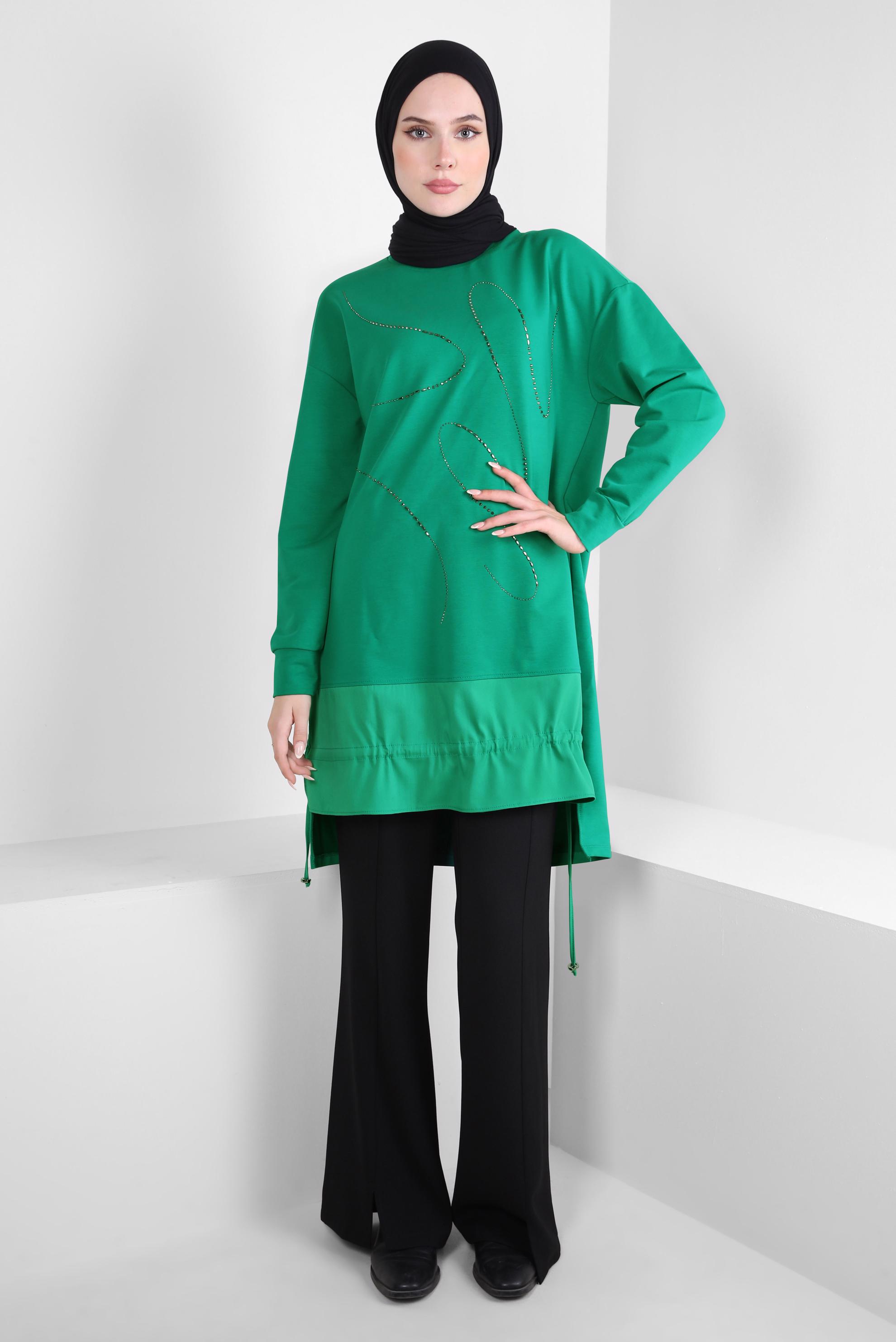Tesettür giyim YEŞİL TAŞ BASKILI EŞOFMAN TUNİK 44182