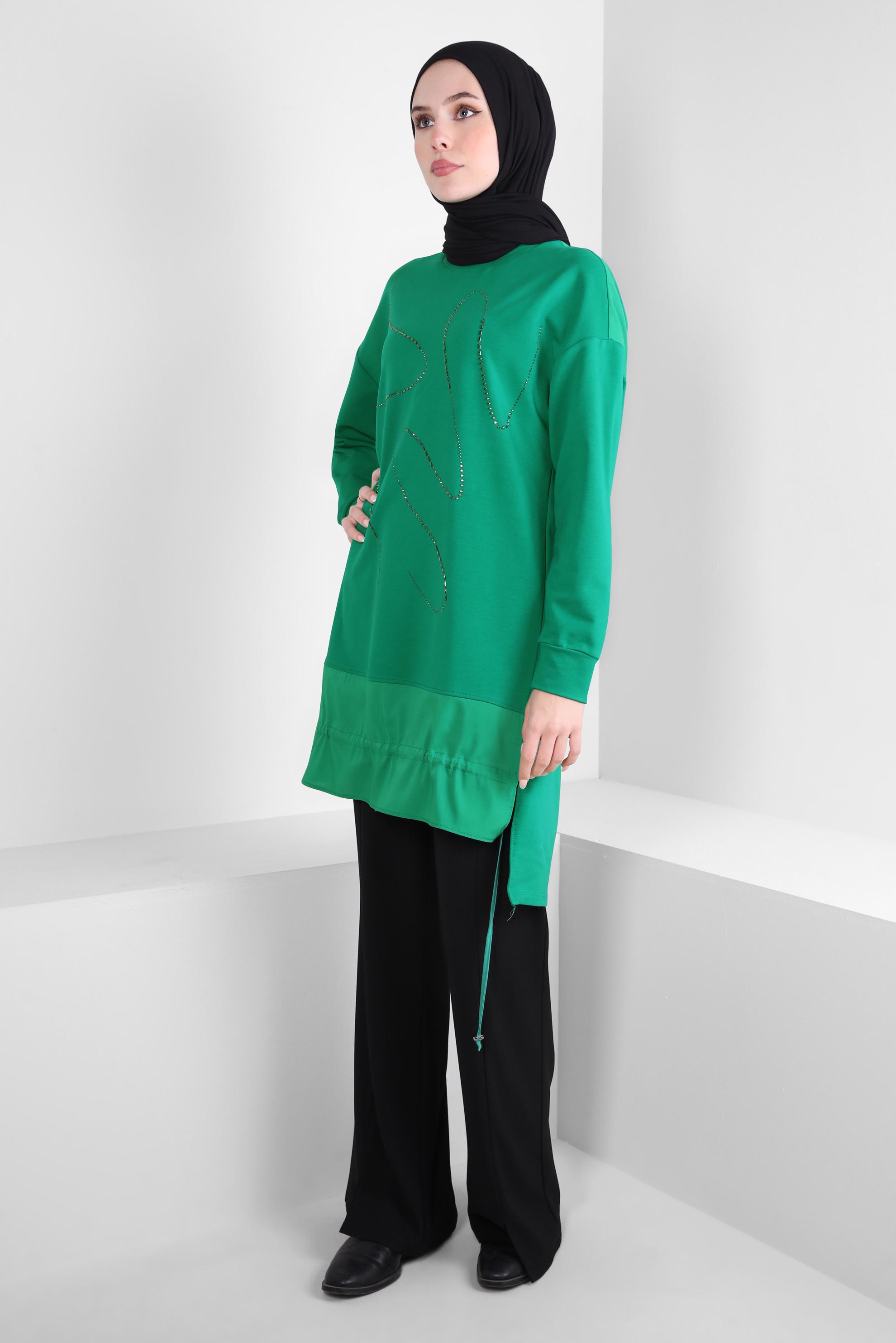 Tesettür giyim YEŞİL TAŞ BASKILI EŞOFMAN TUNİK 44182