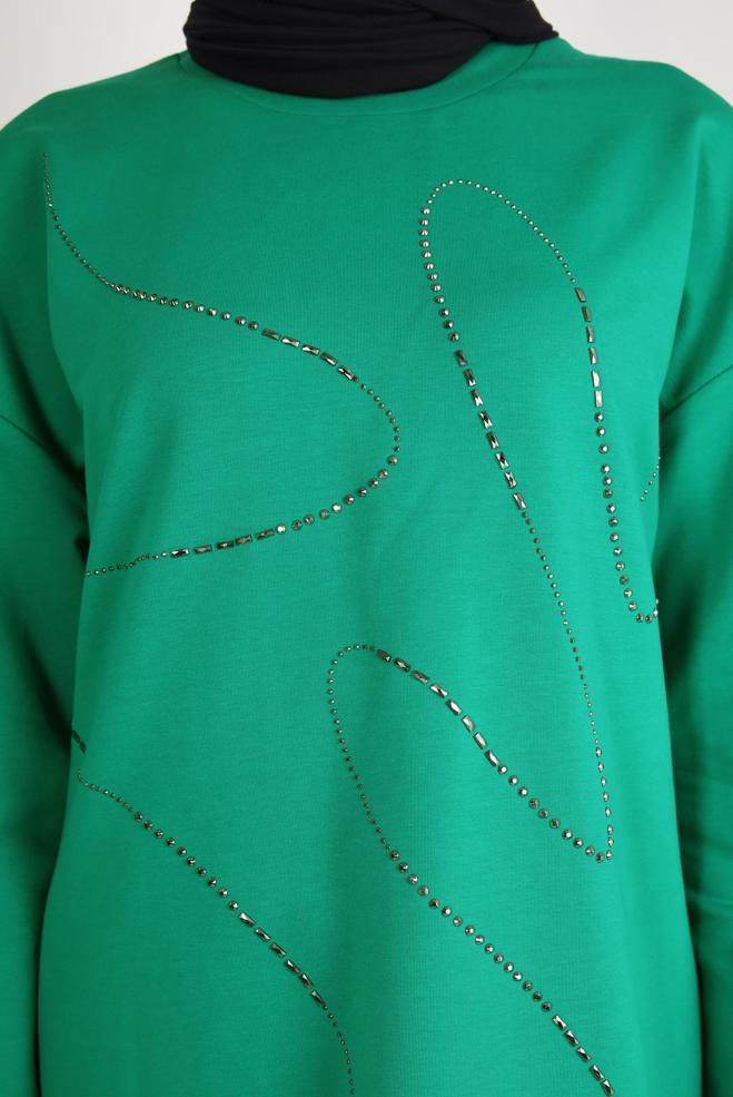 Tesettür giyim YEŞİL TAŞ BASKILI EŞOFMAN TUNİK 44182 - ALVİNA