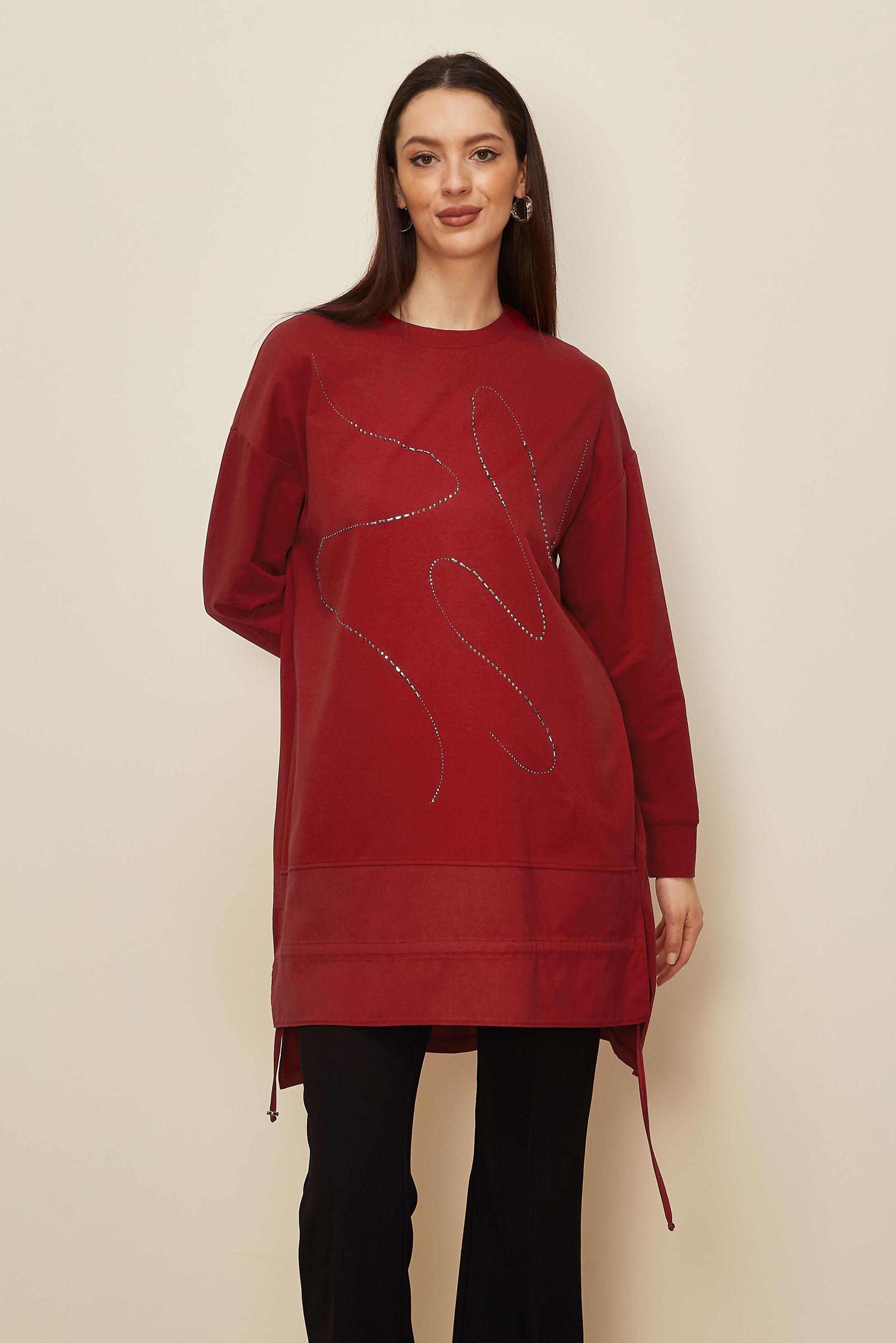 Tesettür giyim KIRMIZI TAŞ BASKILI EŞOFMAN TUNİK 44182