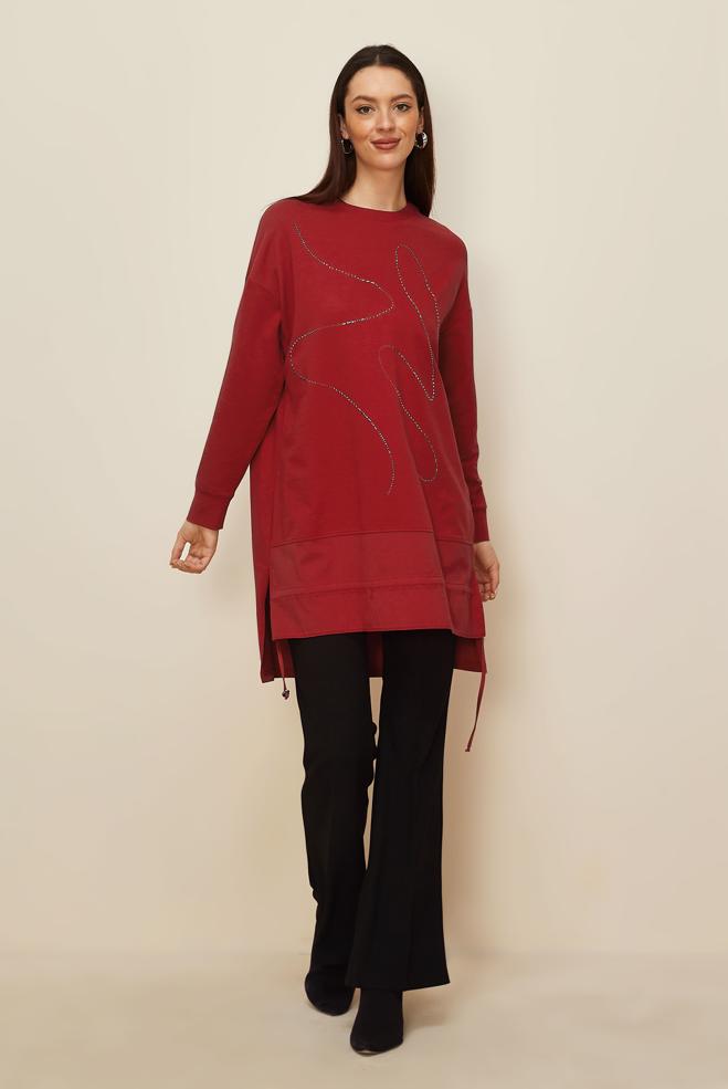 Tesettür giyim KIRMIZI TAŞ BASKILI EŞOFMAN TUNİK 44182 - ALVİNA