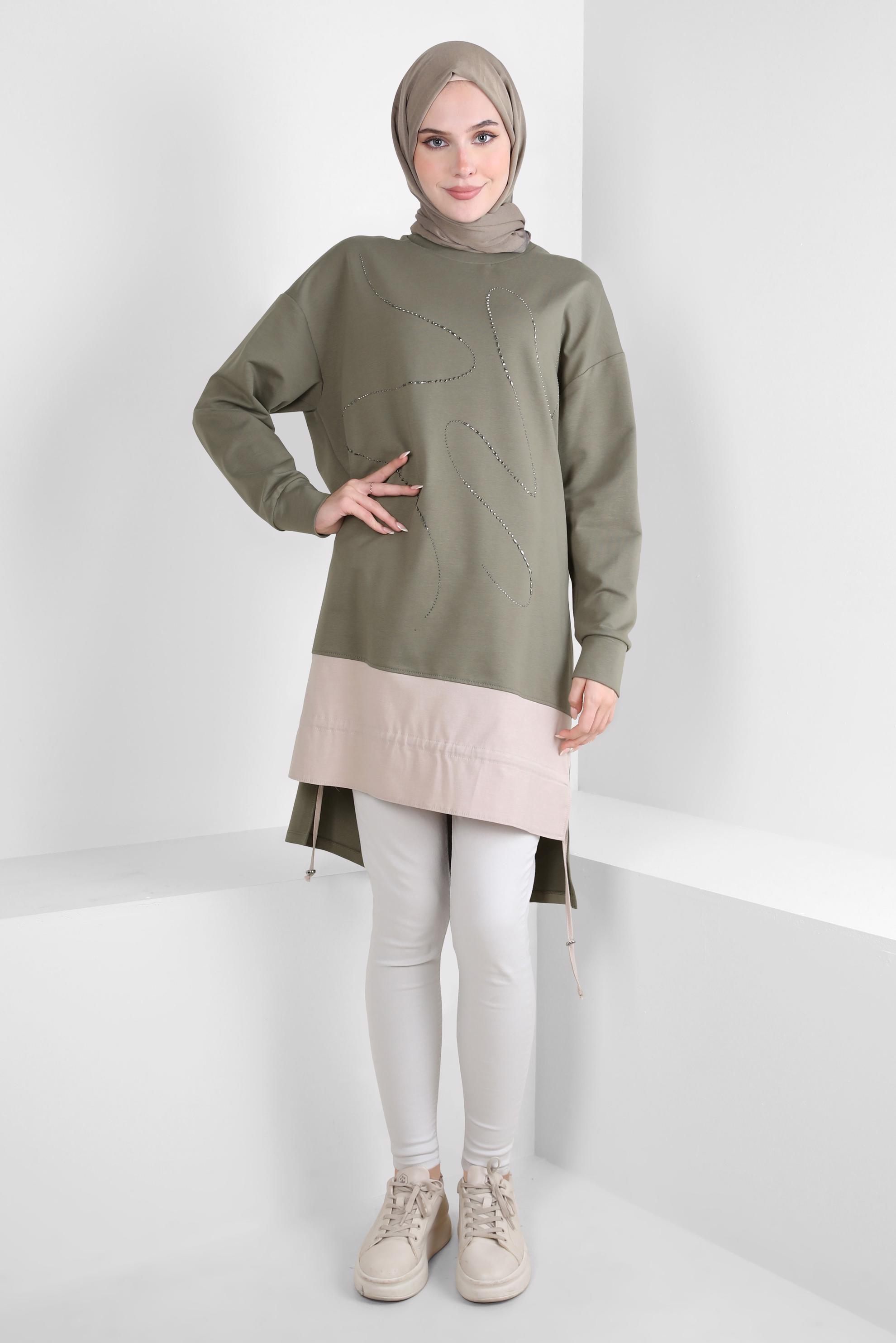 Tesettür giyim YEŞİL TAŞ BASKILI EŞOFMAN TUNİK 44182