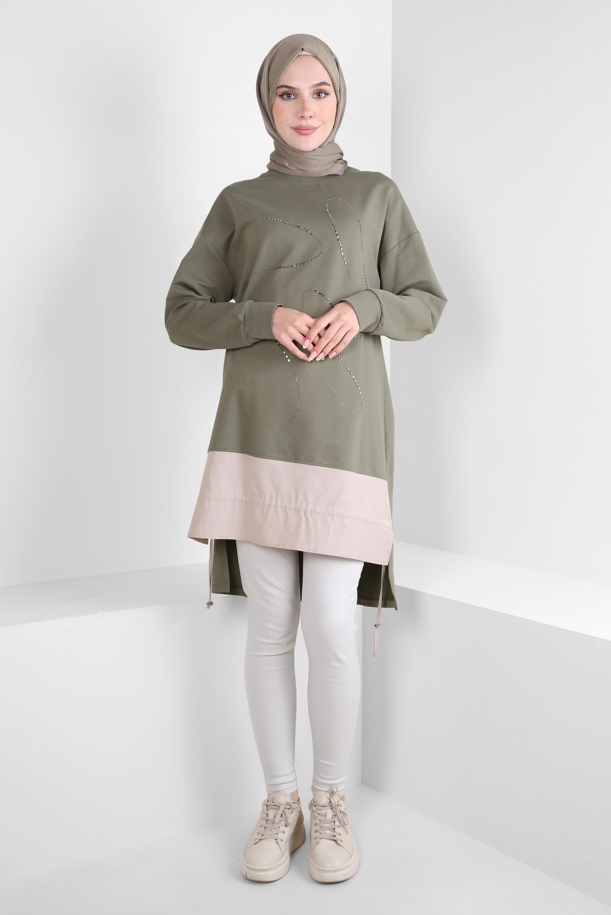 Tesettür giyim YEŞİL TAŞ BASKILI EŞOFMAN TUNİK 44182