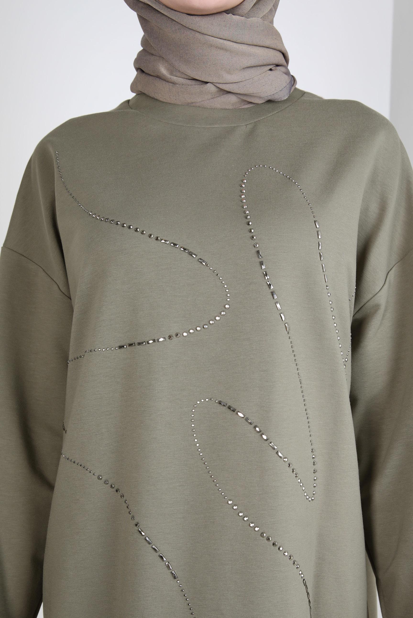 Tesettür giyim YEŞİL TAŞ BASKILI EŞOFMAN TUNİK 44182