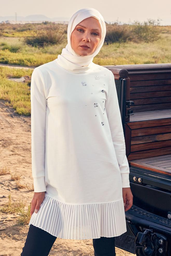 Tesettür giyim BEYAZ TÜL DETAYLI EŞOFMAN TUNİK 44183 - ALVİNA