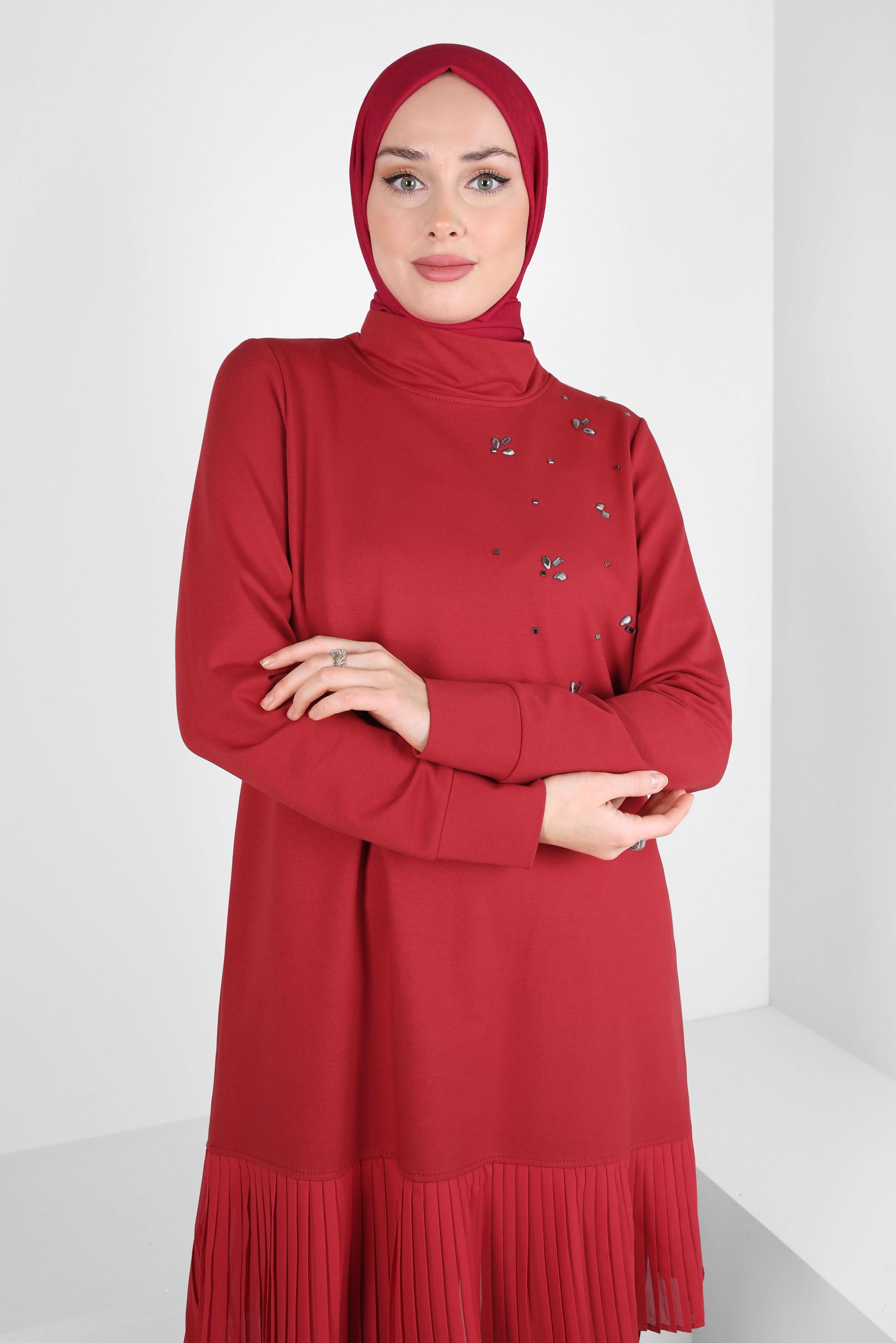 Tesettür giyim KIRMIZI TÜL DETAYLI EŞOFMAN TUNİK 44183