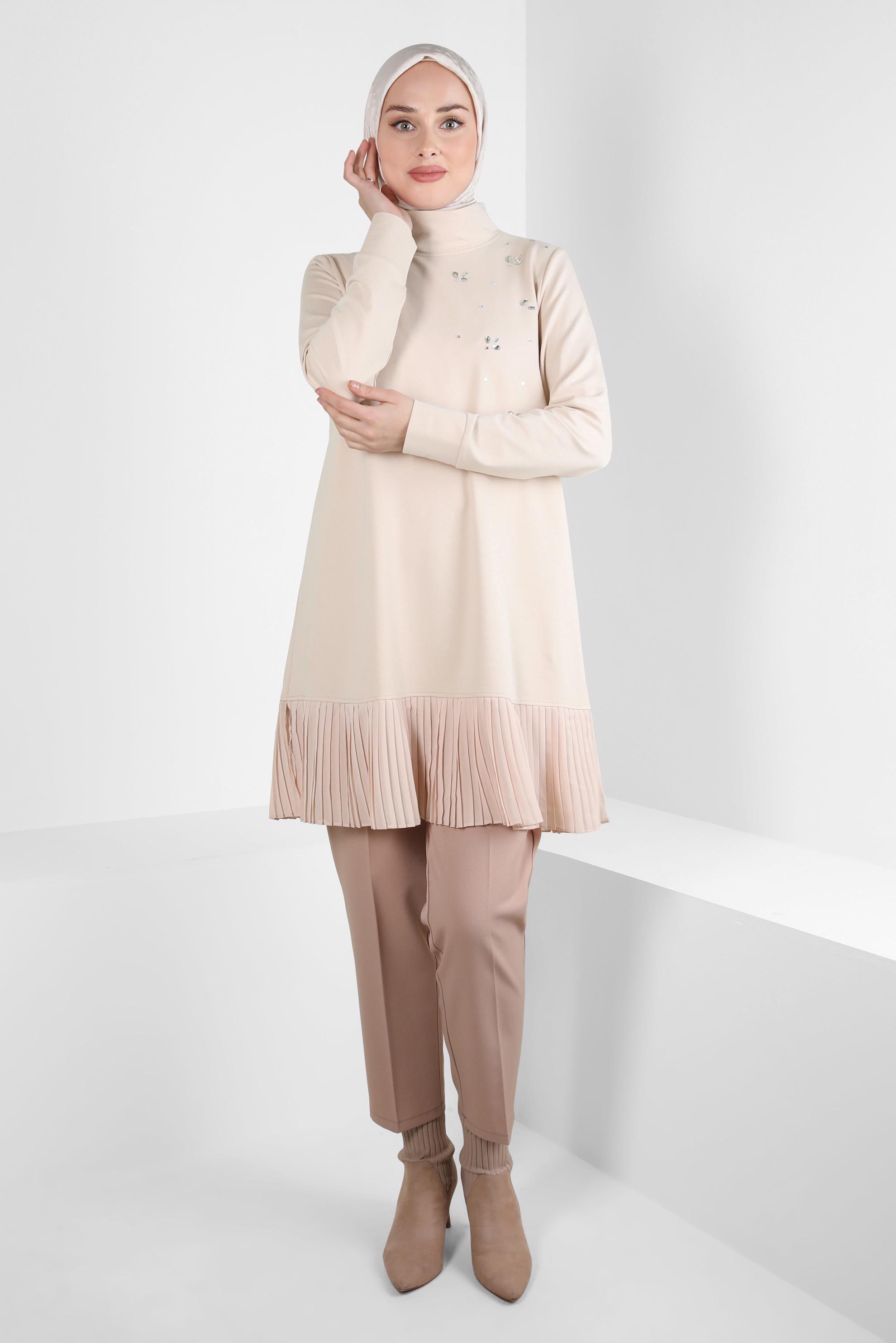 Tesettür giyim BEJ TÜL DETAYLI EŞOFMAN TUNİK 44183