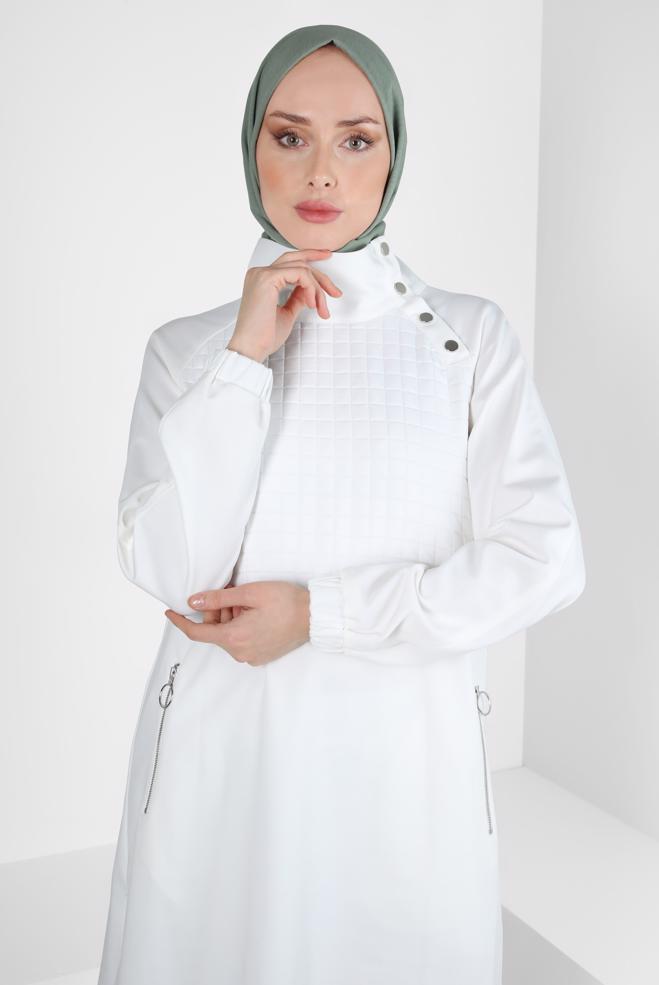 Tesettür giyim BEYAZ KAPİTONE DETAYLI PANTOLONLU TAKIM 44186 - ALVİNA