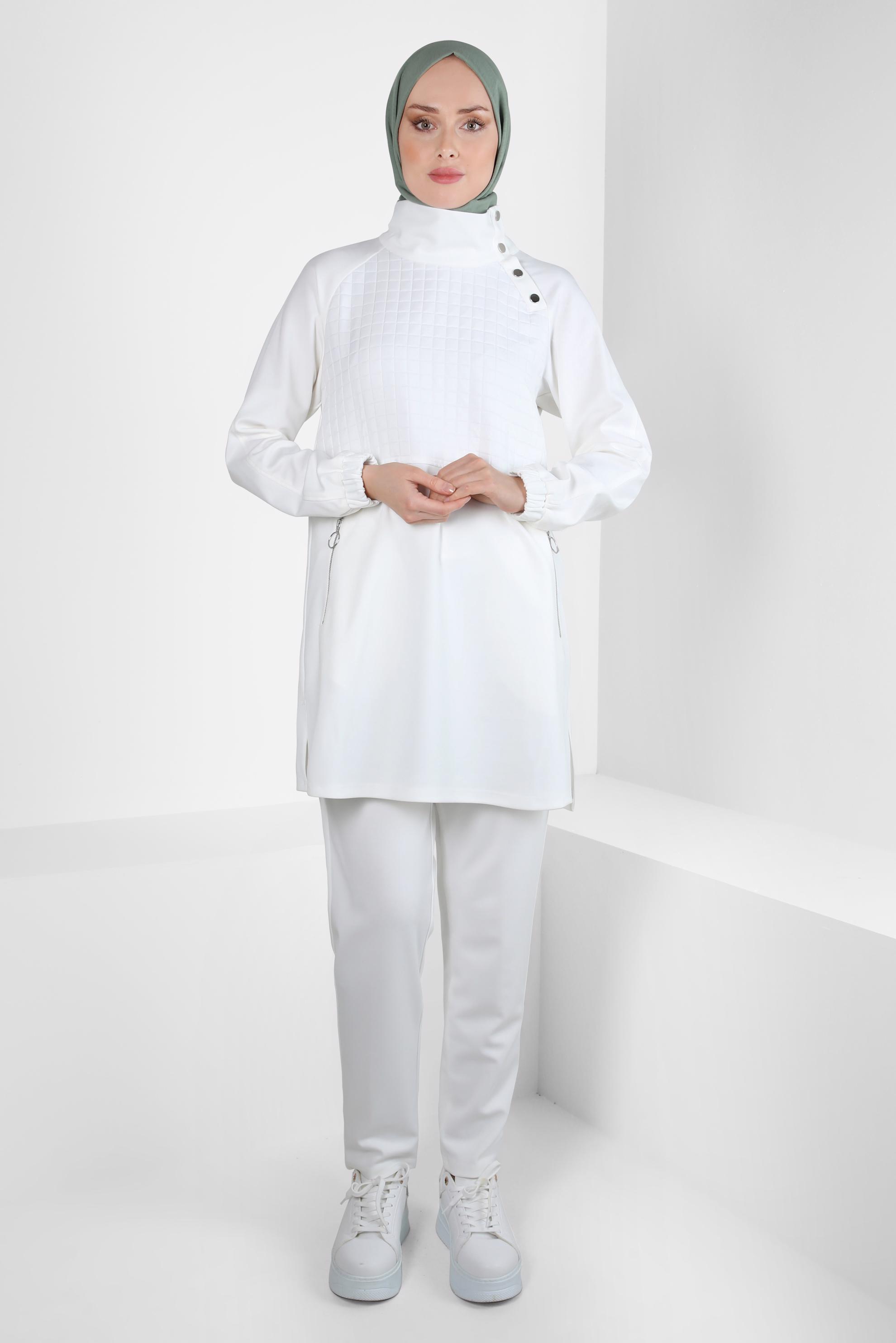 Tesettür giyim BEYAZ KAPİTONE DETAYLI PANTOLONLU TAKIM 44186