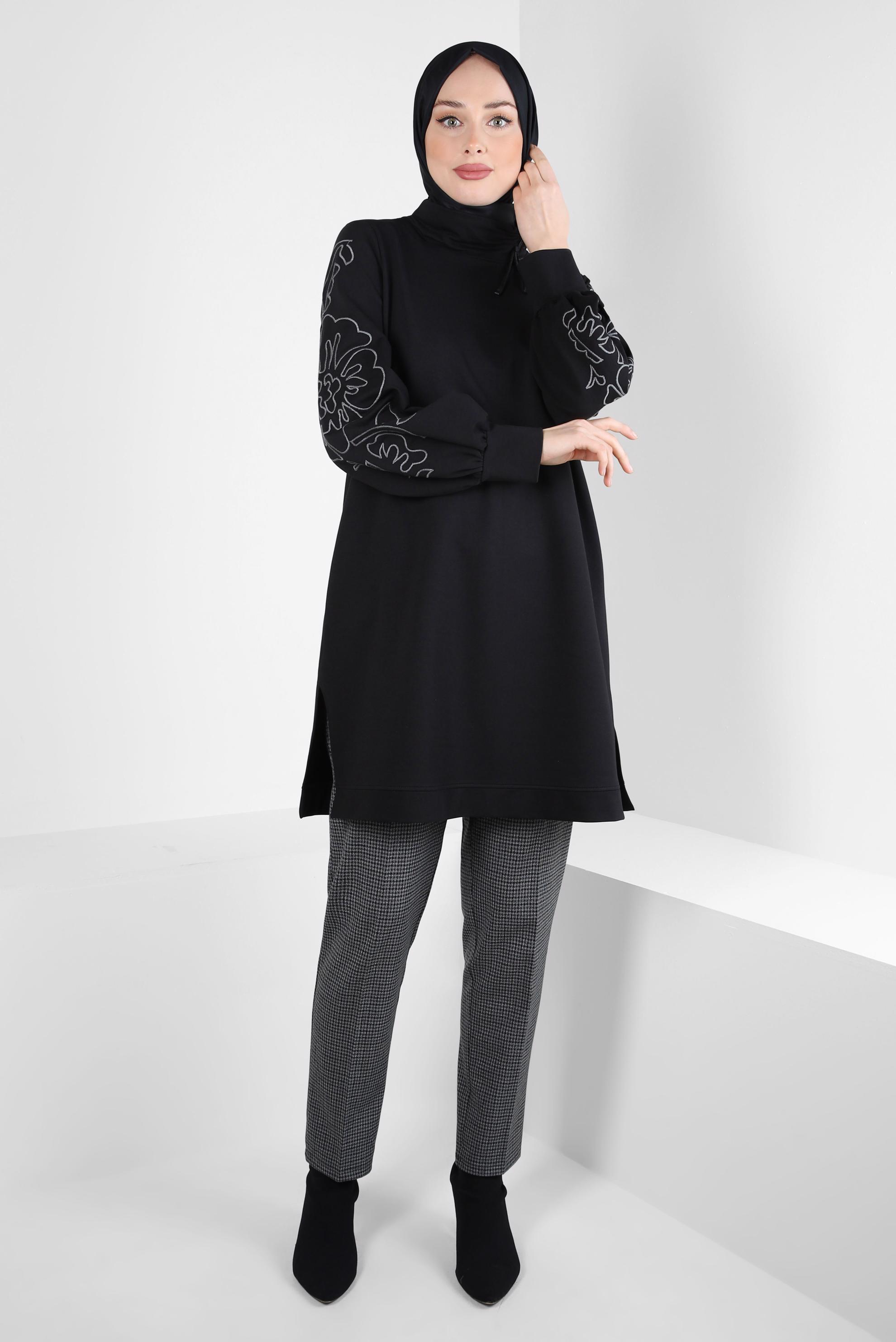 Tesettür giyim SİYAH DESENLİ EŞOFMAN TUNİK 44237