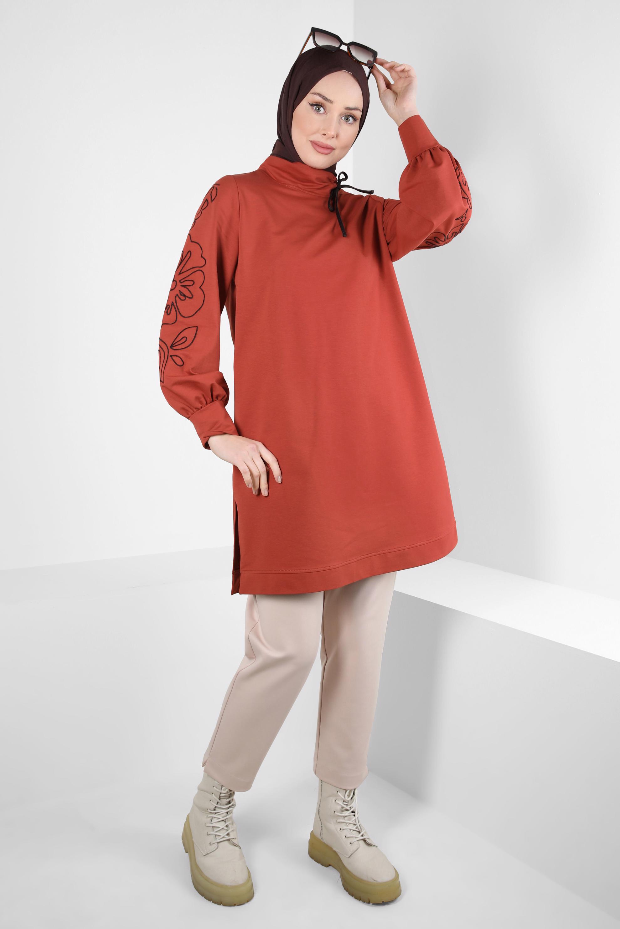 Tesettür giyim TURUNCU DESENLİ EŞOFMAN TUNİK 44237