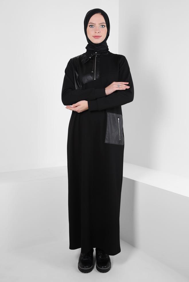 Vêtements hijab NOIR ROBE DE SURVÊTEMENT AVEC POCHE 44238 - ALVİNA