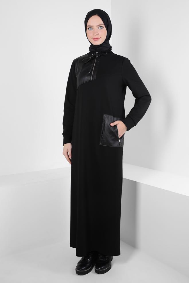 Vêtements hijab NOIR ROBE DE SURVÊTEMENT AVEC POCHE 44238 - ALVİNA