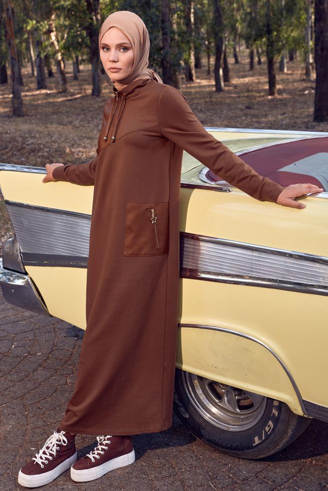 Vêtements hijab BRUN ROBE DE SURVÊTEMENT AVEC POCHE 44238 - ALVİNA
