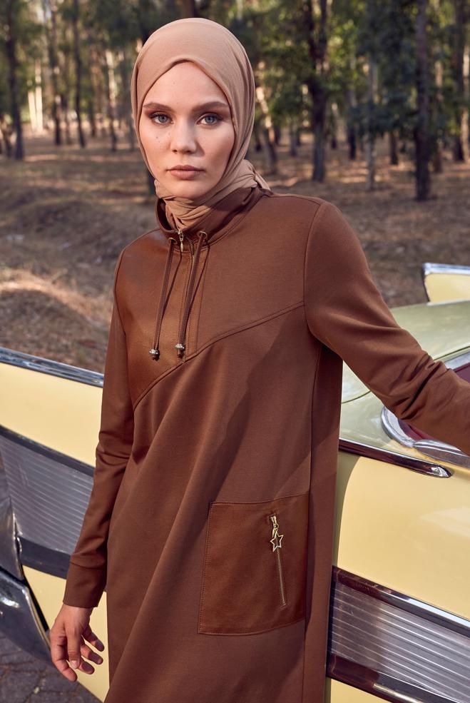 Vêtements hijab BRUN ROBE DE SURVÊTEMENT AVEC POCHE 44238 - ALVİNA