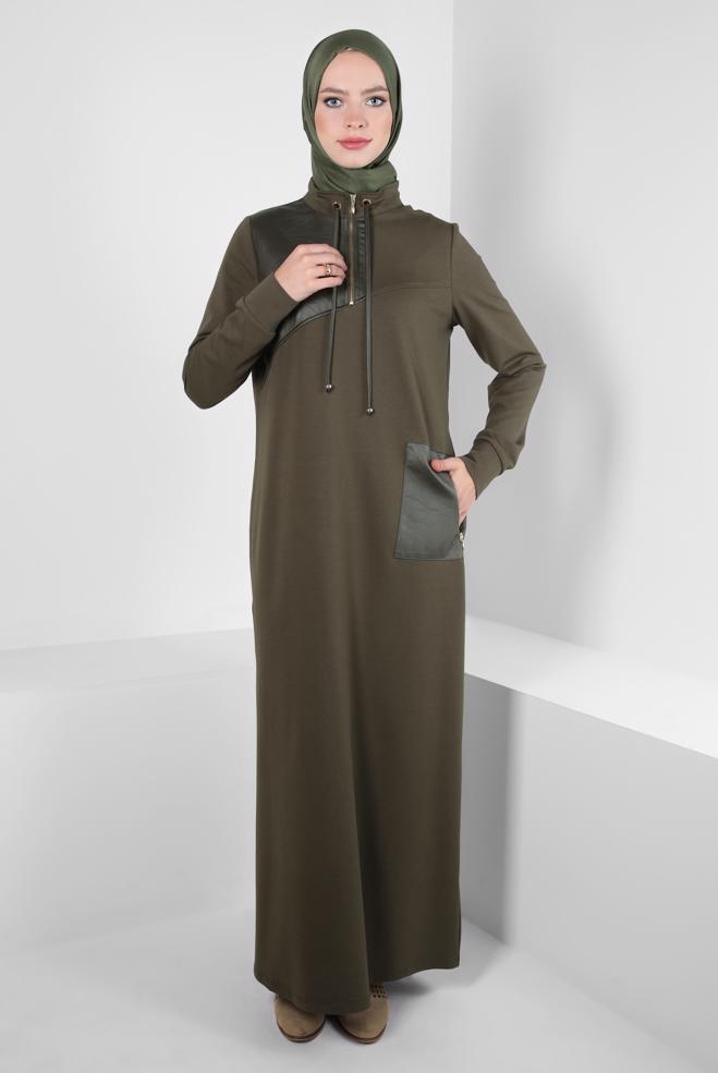 Vêtements hijab KAKI ROBE DE SURVÊTEMENT AVEC POCHE 44238 - ALVİNA