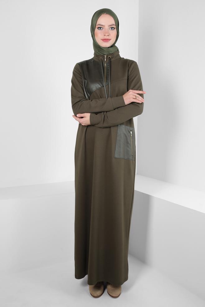 Vêtements hijab KAKI ROBE DE SURVÊTEMENT AVEC POCHE 44238 - ALVİNA