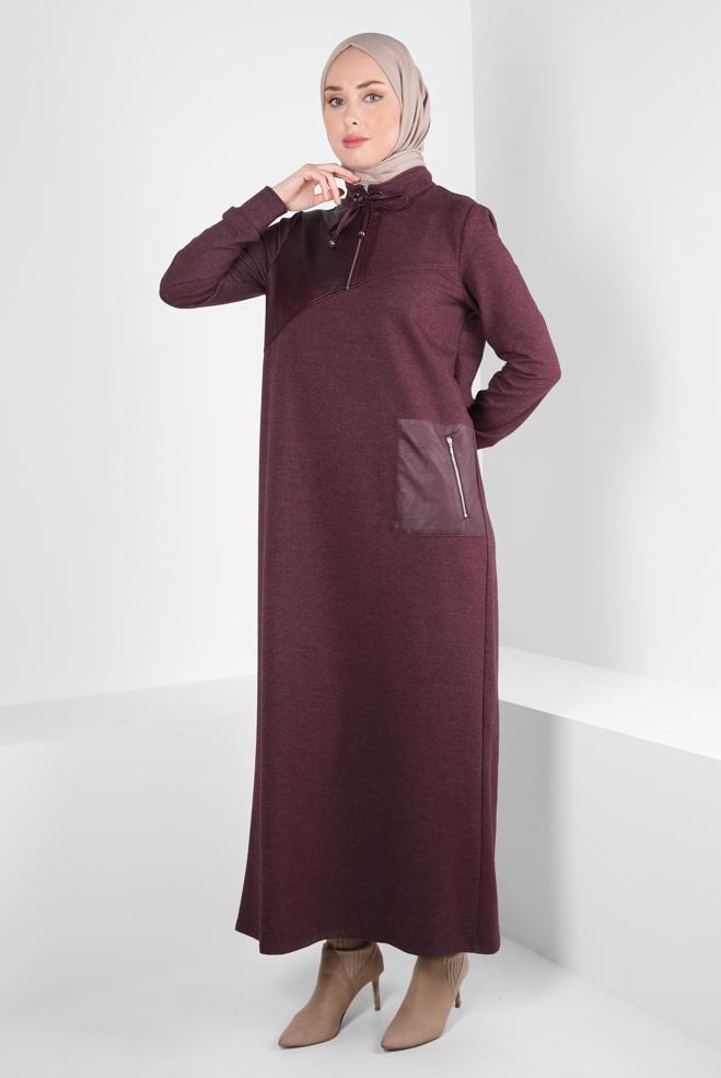 Vêtements hijab PRUNE ROBE DE SURVÊTEMENT AVEC POCHE 44238 - ALVİNA