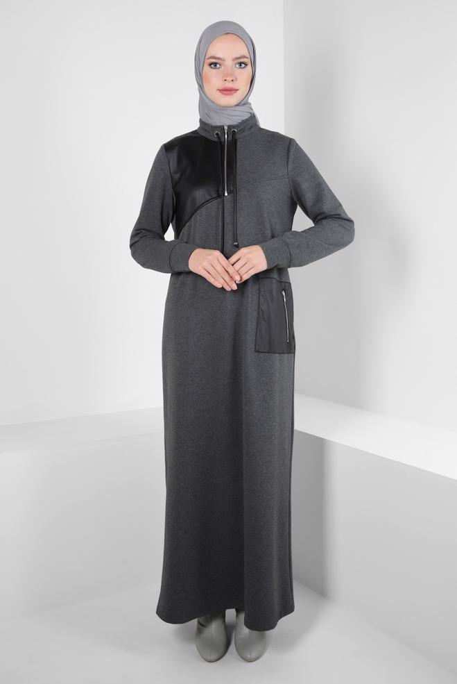 Vêtements hijab GRIS ROBE DE SURVÊTEMENT AVEC POCHE 44238 - ALVİNA
