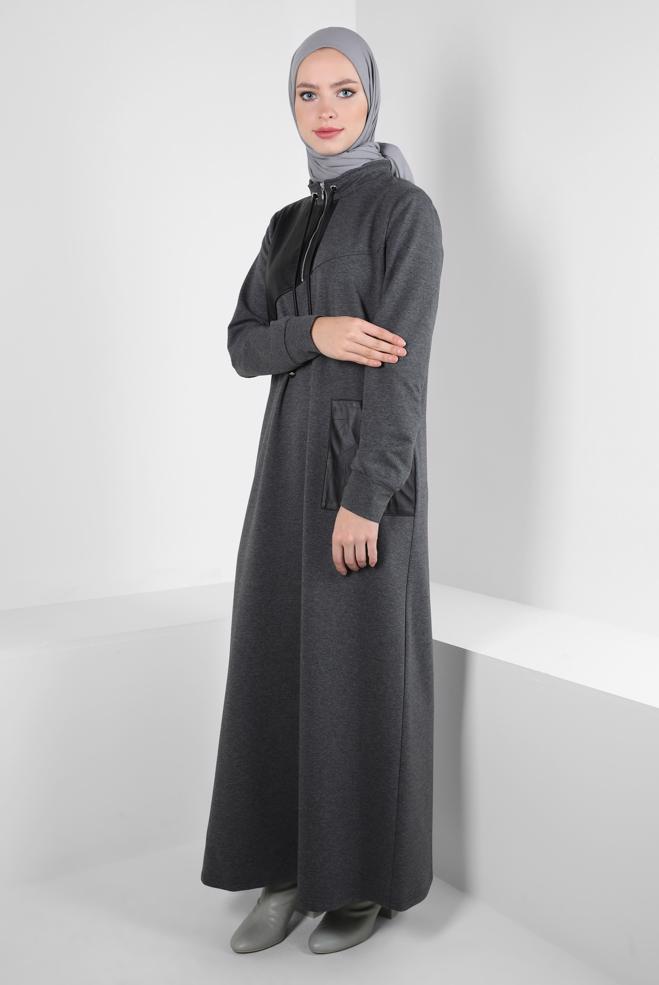 Vêtements hijab GRIS ROBE DE SURVÊTEMENT AVEC POCHE 44238 - ALVİNA
