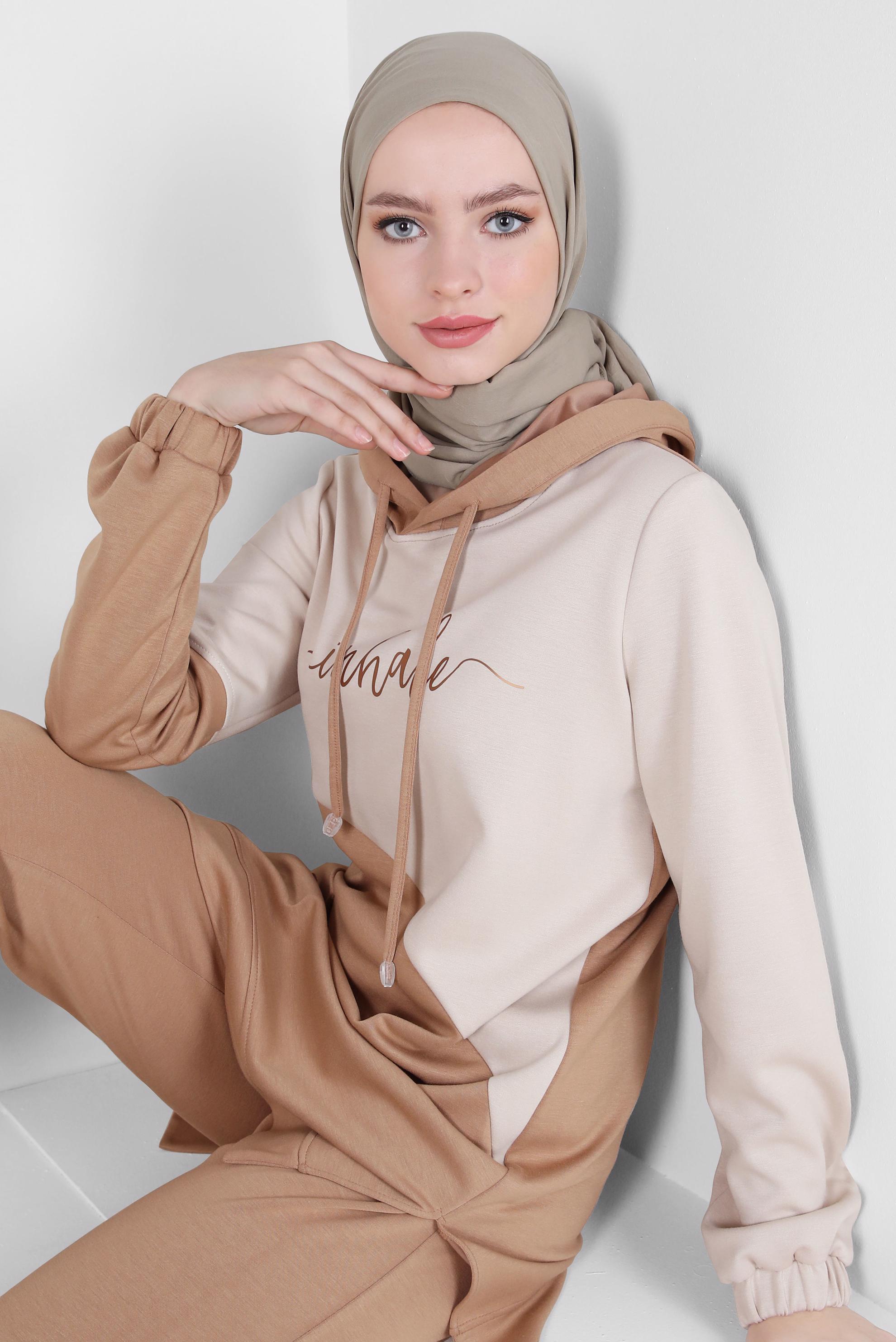 Tesettür giyim KAHVE PANTOLONLU EŞOFMAN TAKIM 44239