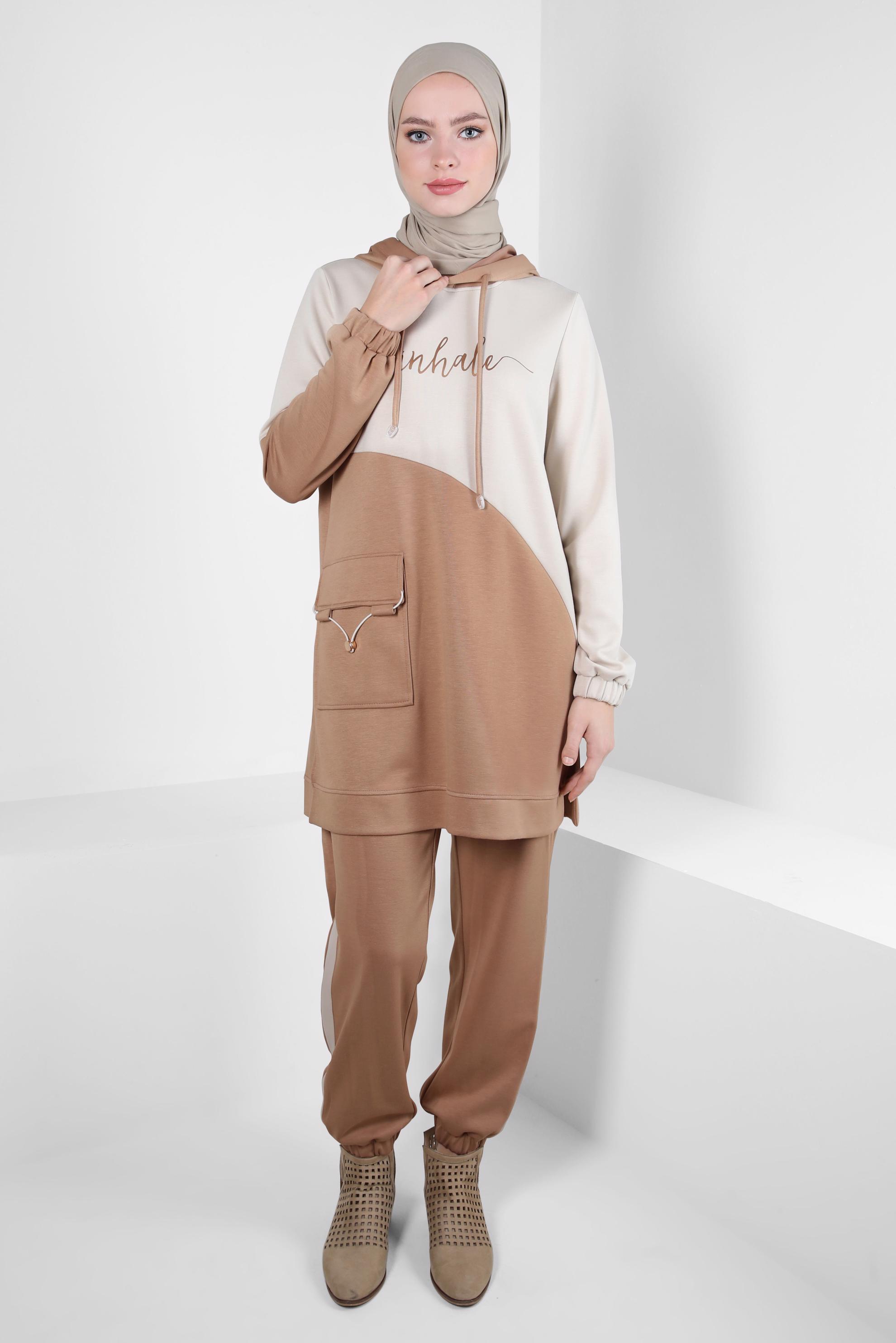 Tesettür giyim KAHVE PANTOLONLU EŞOFMAN TAKIM 44239