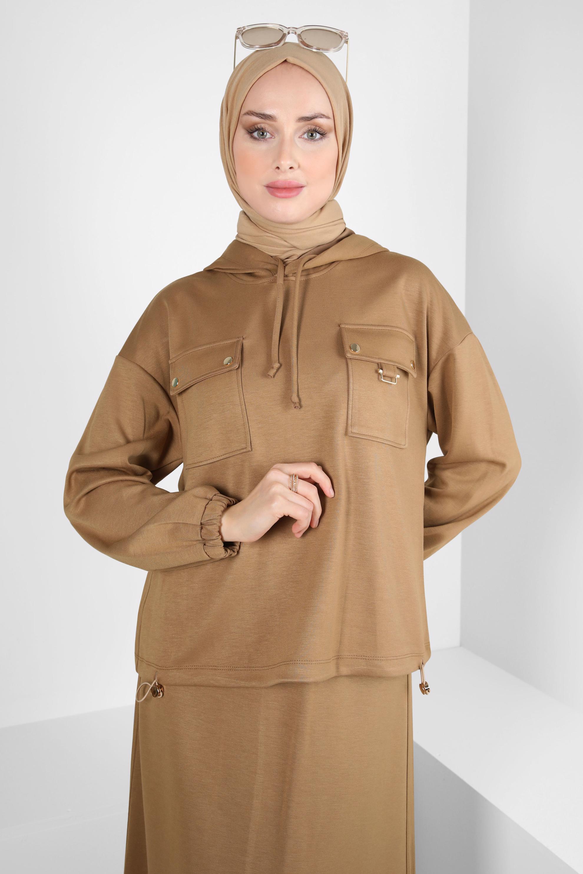 Tesettür giyim KAHVE ETEKLİ EŞOFMAN TAKIM 44240