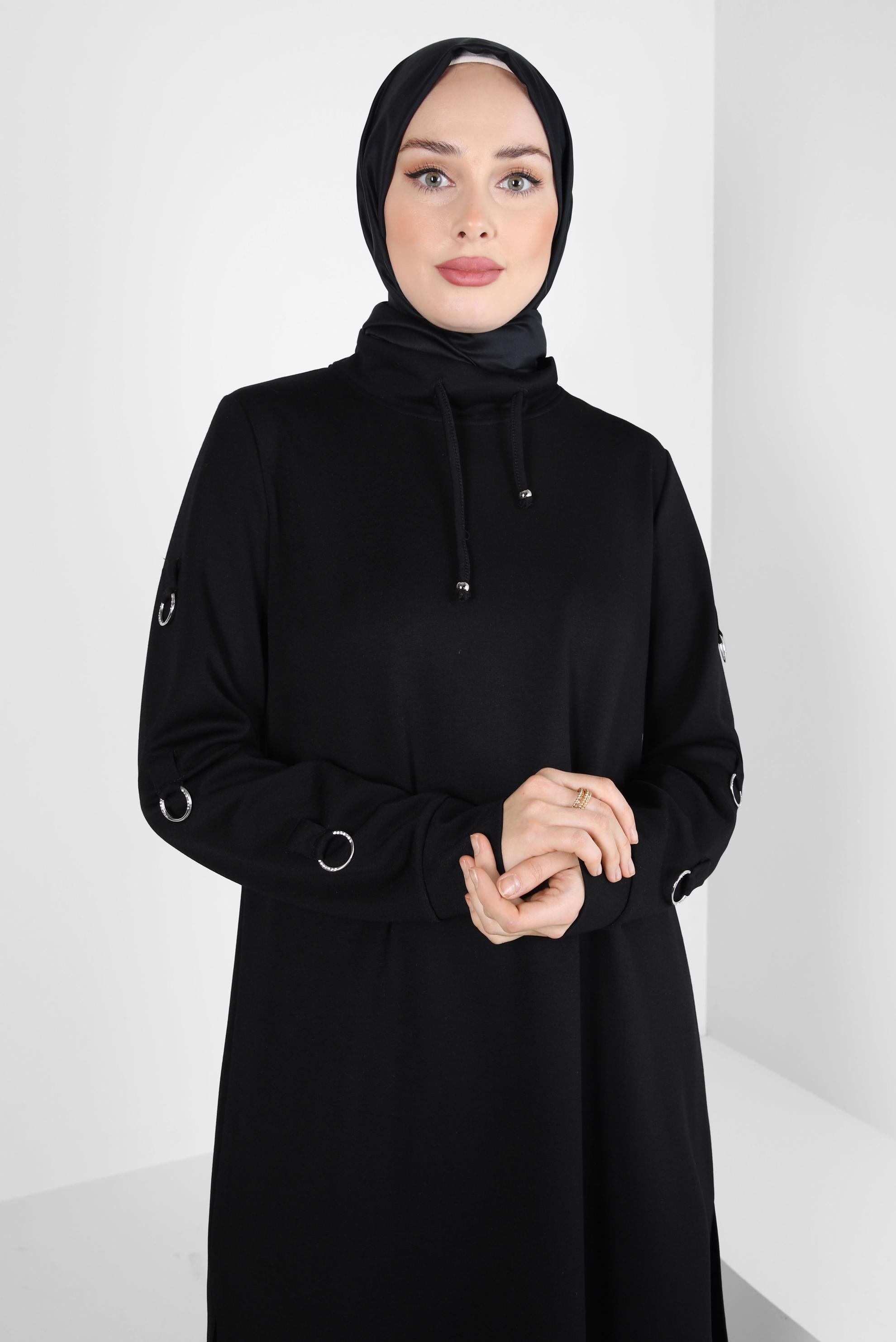 Tesettür giyim SİYAH METAL AKSESUARLI EŞOFMAN TUNİK 44242