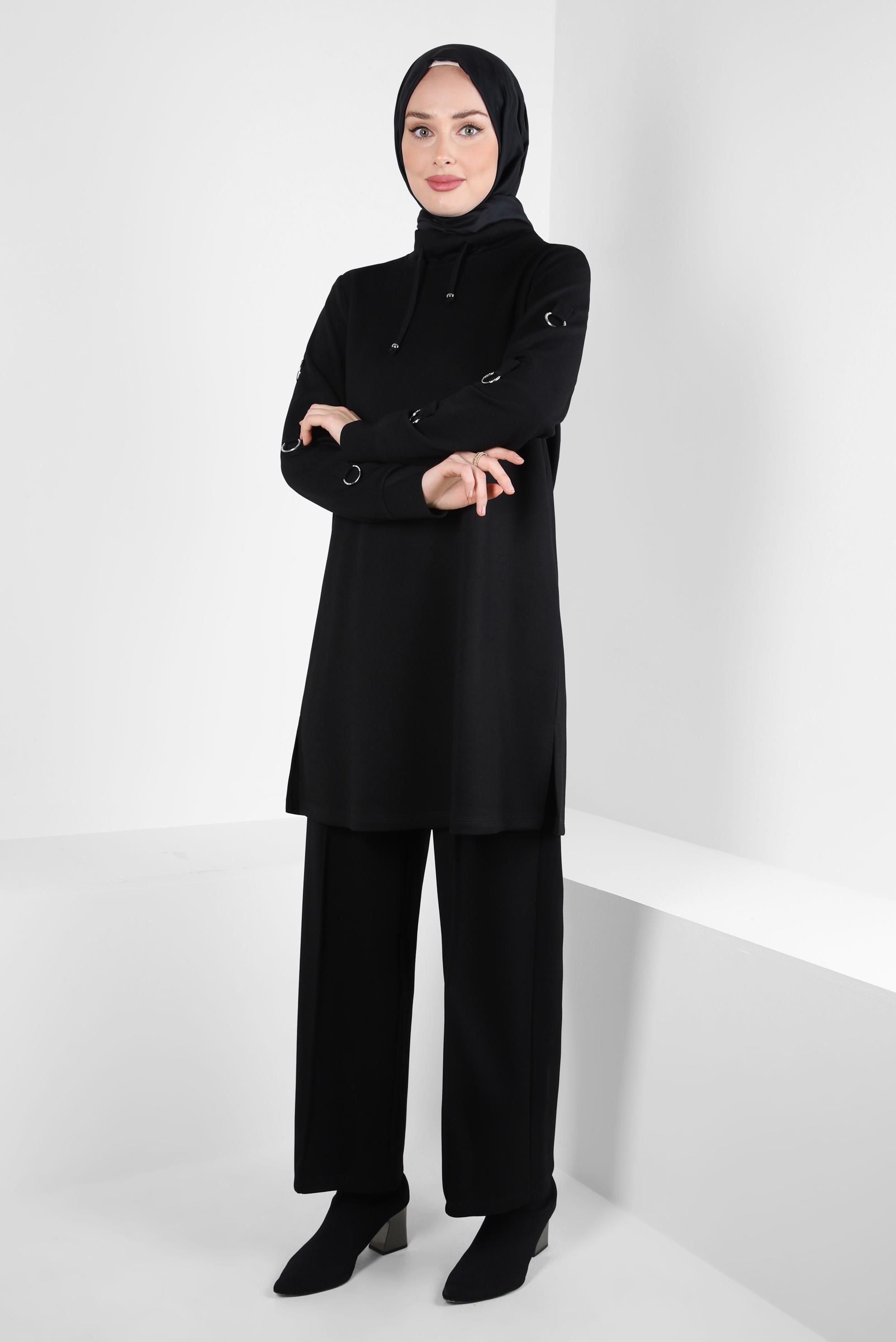 Tesettür giyim SİYAH METAL AKSESUARLI EŞOFMAN TUNİK 44242