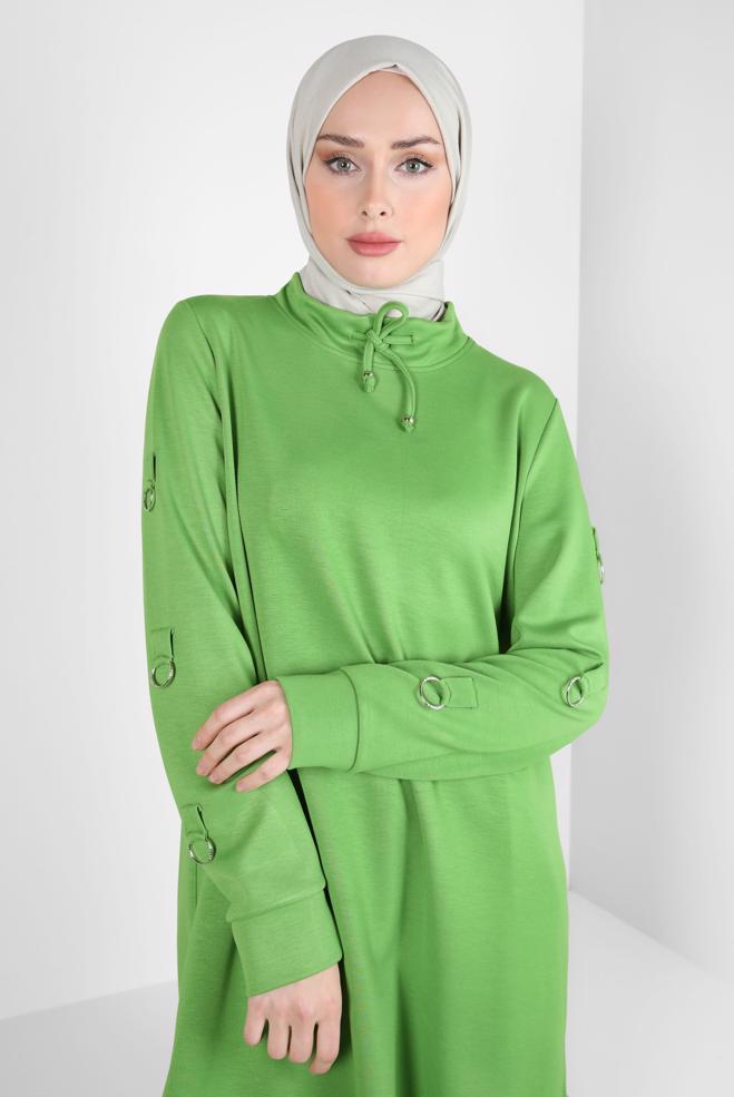 Tesettür giyim YEŞİL METAL AKSESUARLI EŞOFMAN TUNİK 44242 - ALVİNA