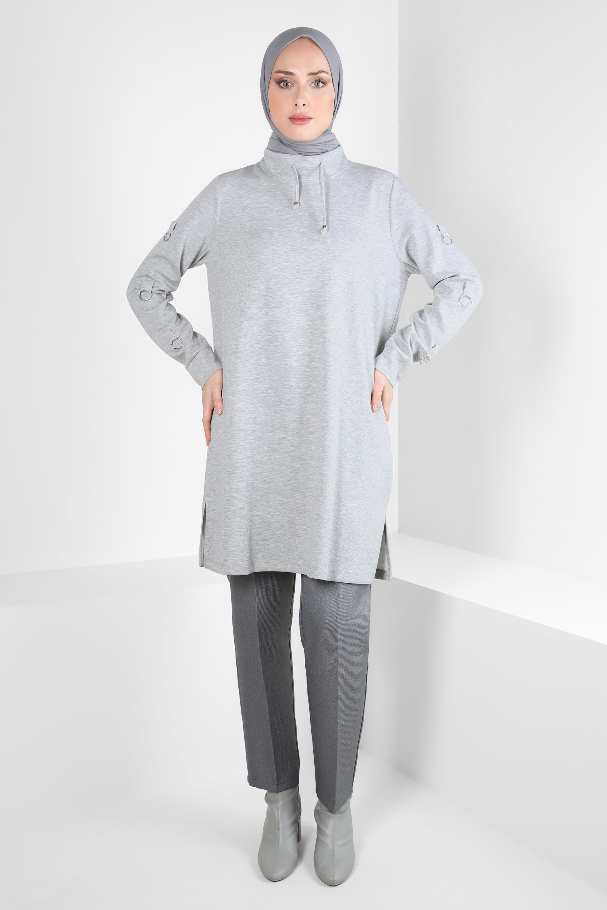 Tesettür giyim GRİ METAL AKSESUARLI EŞOFMAN TUNİK 44242