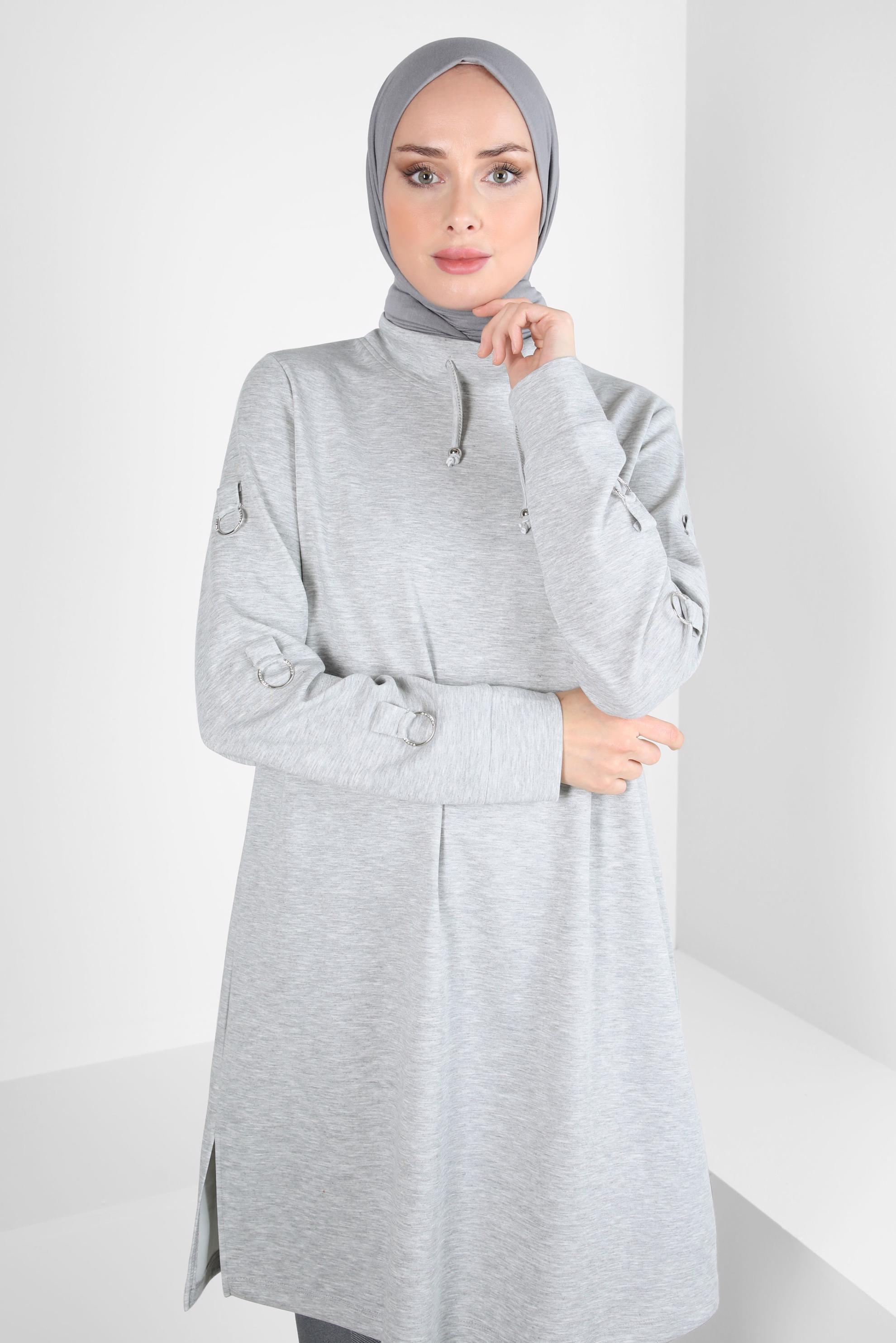 Tesettür giyim GRİ METAL AKSESUARLI EŞOFMAN TUNİK 44242