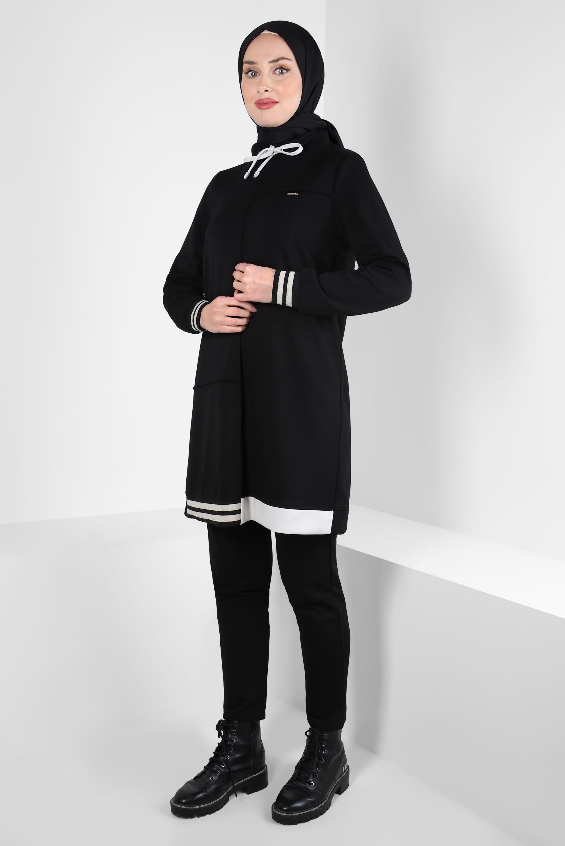 Tesettür giyim SİYAH BAĞCIKLI YAKA EŞOFMAN TUNİK 44257