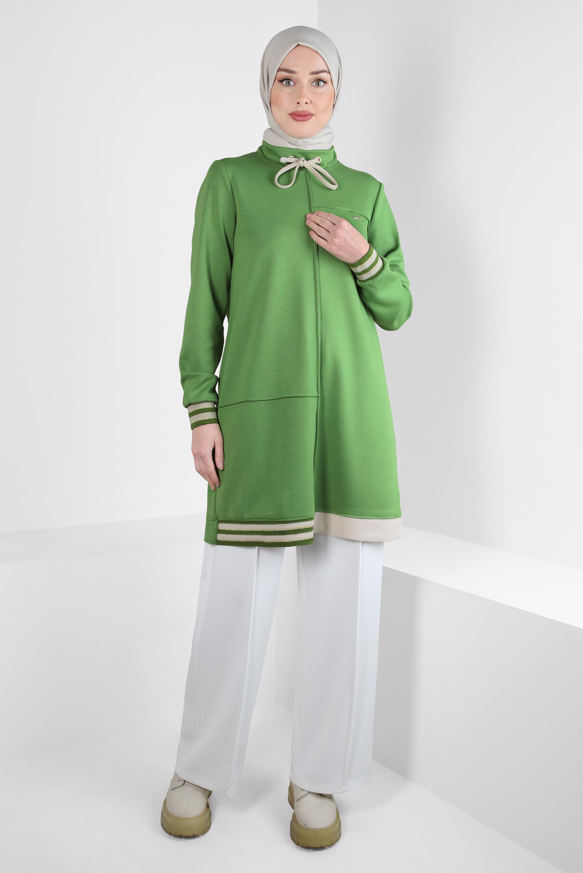 Tesettür giyim YEŞİL BAĞCIKLI YAKA EŞOFMAN TUNİK 44257