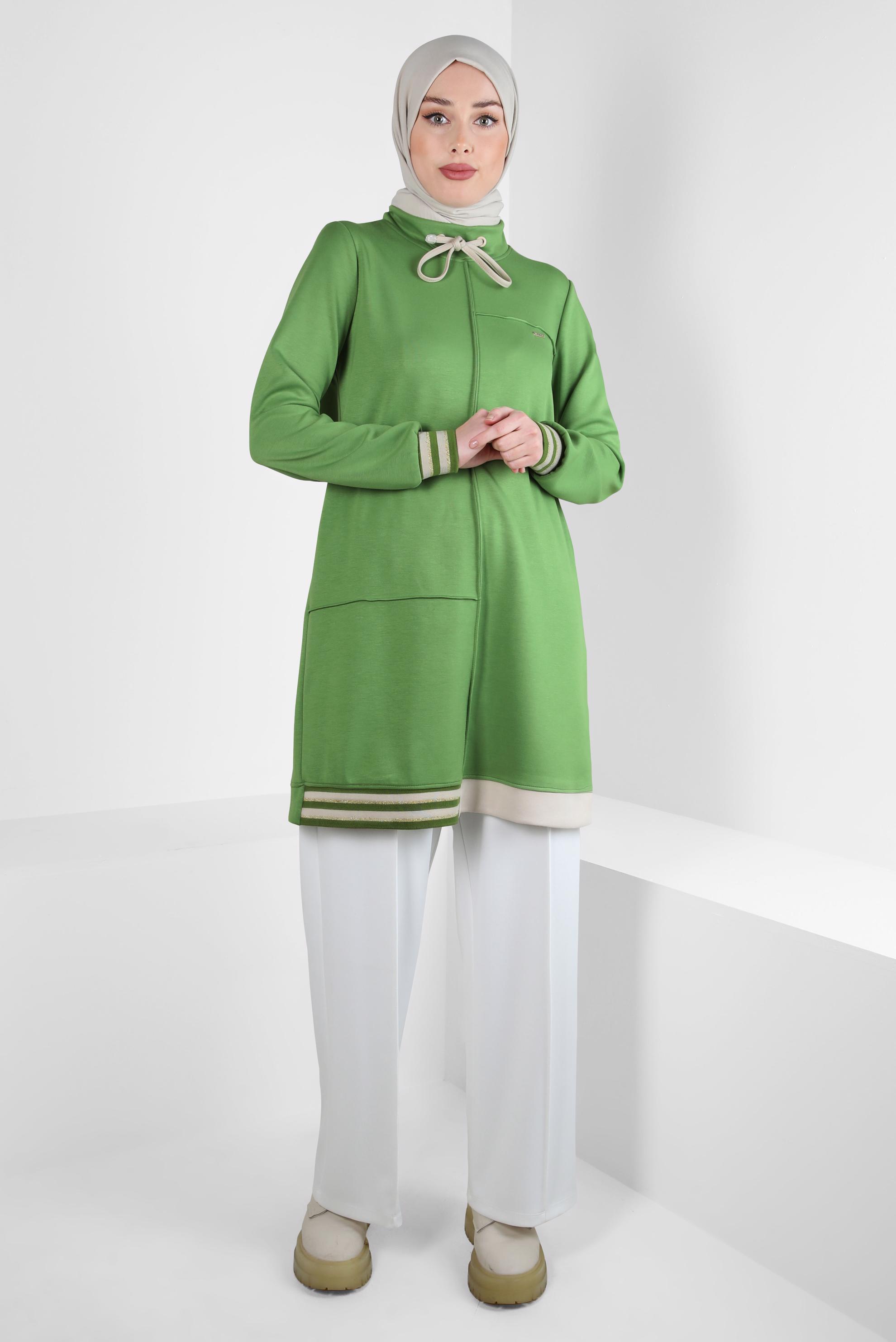 Tesettür giyim YEŞİL BAĞCIKLI YAKA EŞOFMAN TUNİK 44257