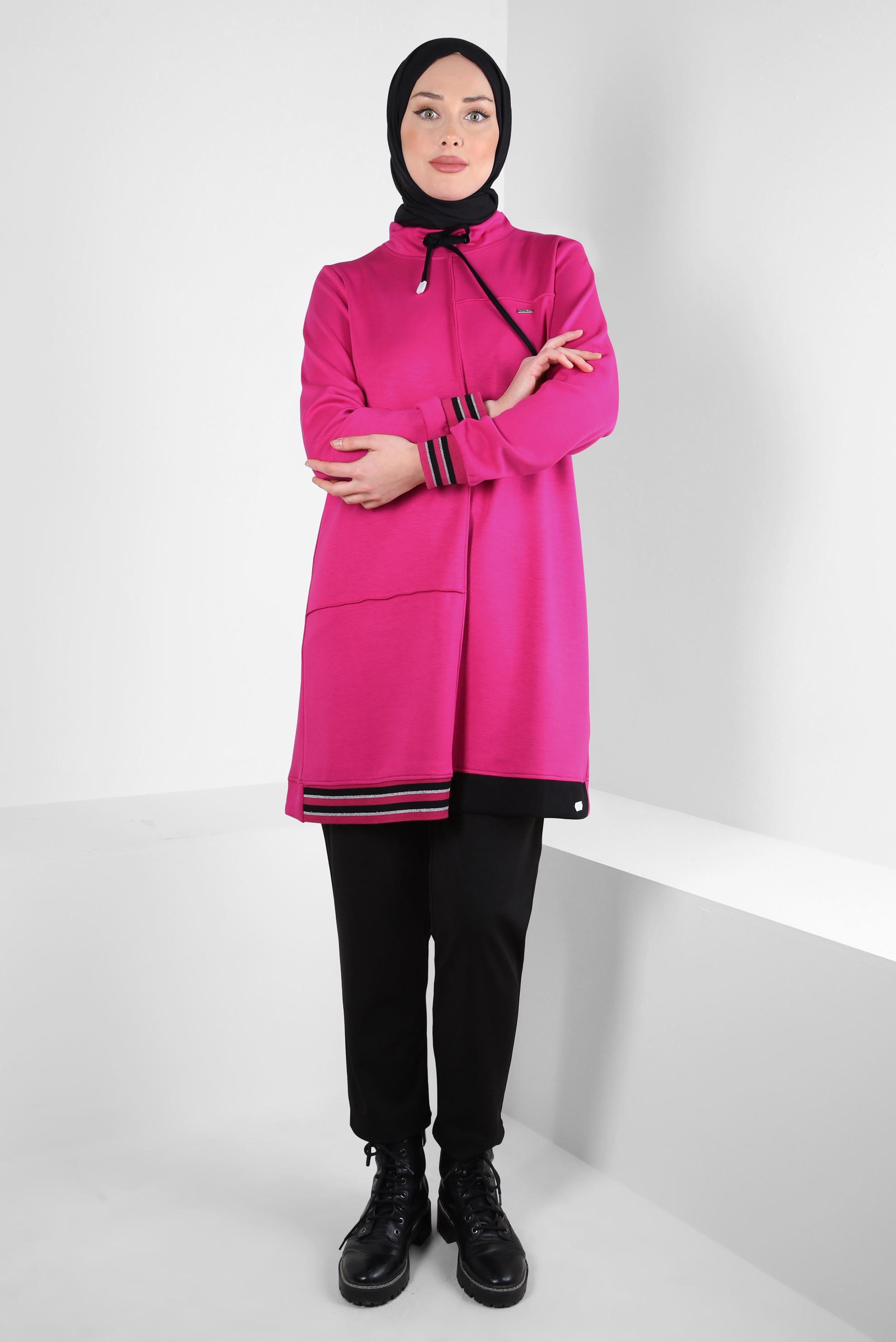 Tesettür giyim FUŞYA BAĞCIKLI YAKA EŞOFMAN TUNİK 44257