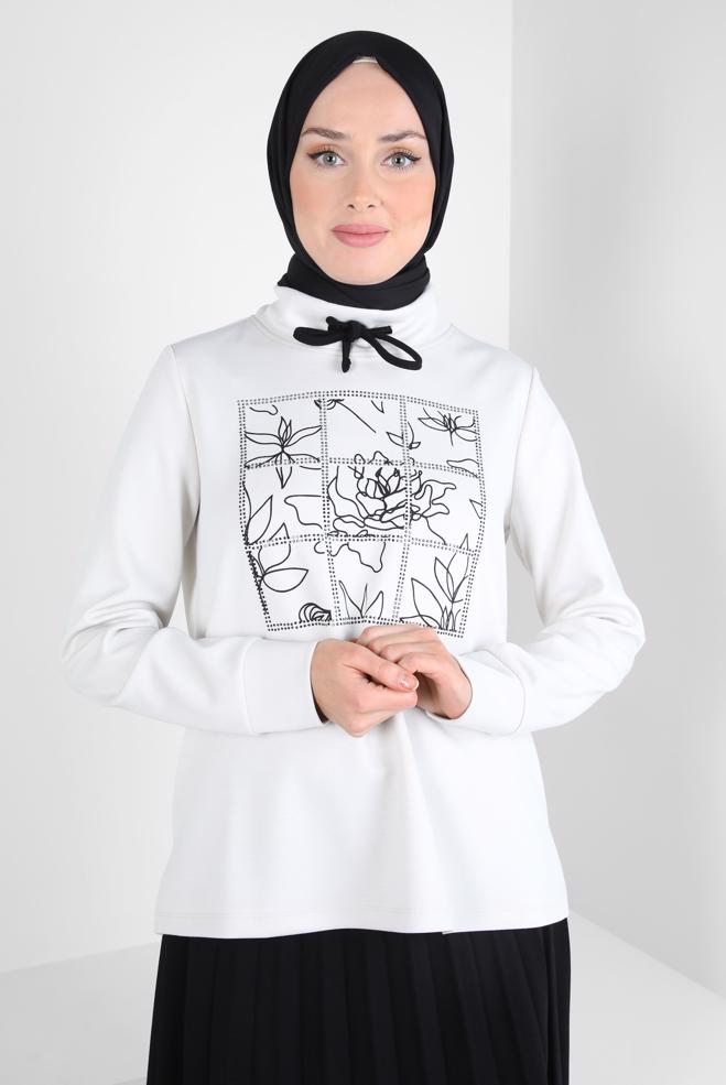 Tesettür giyim SİYAH DESENLİ ETEKLİ EŞOFMAN TAKIM 44259 - ALVİNA