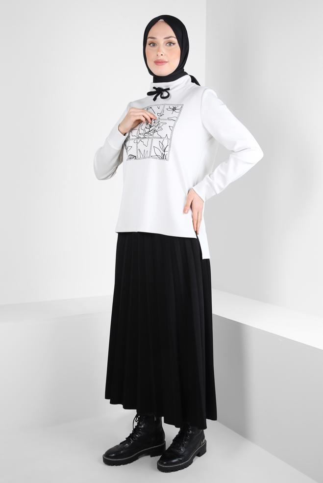 Tesettür giyim SİYAH DESENLİ ETEKLİ EŞOFMAN TAKIM 44259 - ALVİNA