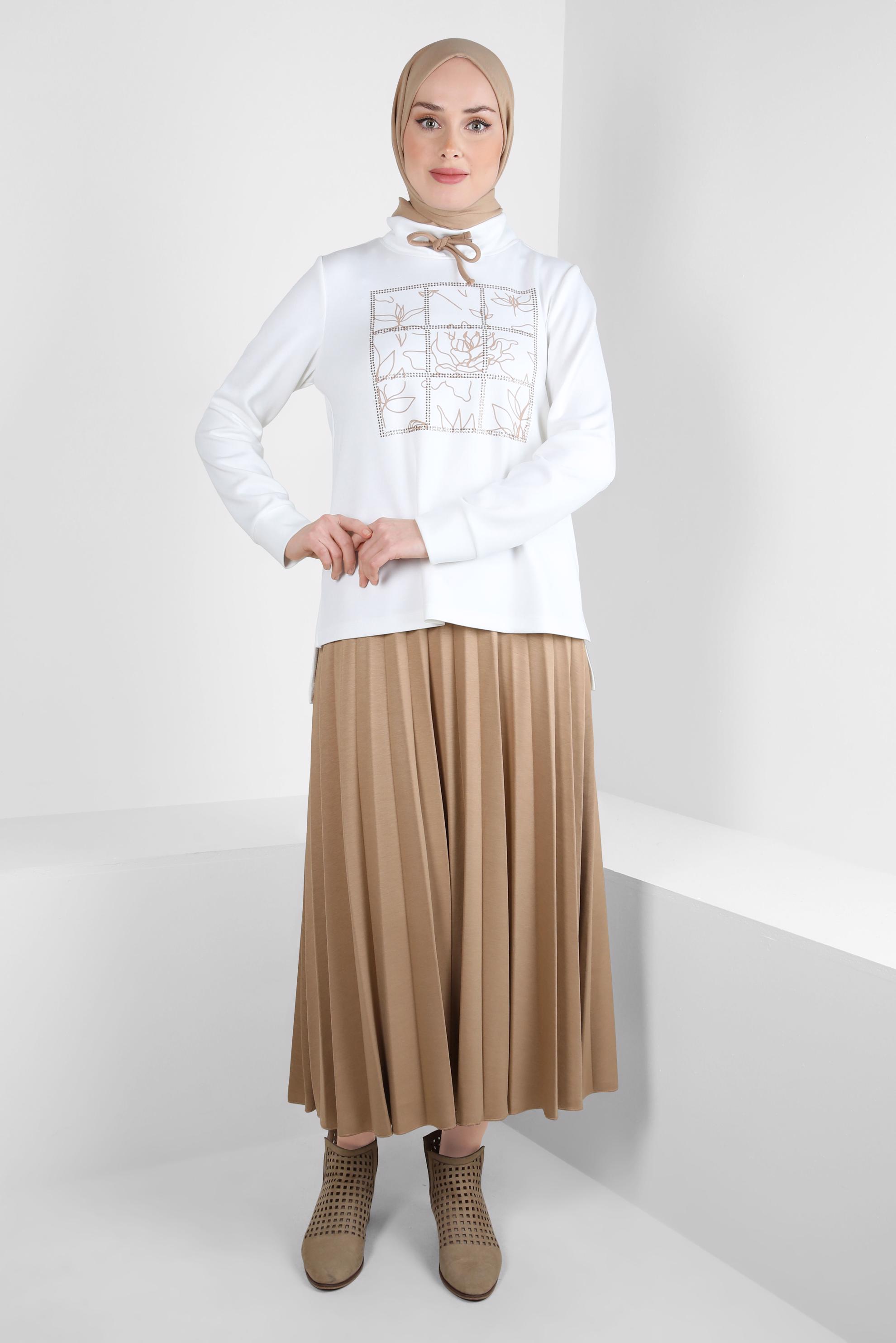 Tesettür giyim KAHVE DESENLİ ETEKLİ EŞOFMAN TAKIM 44259