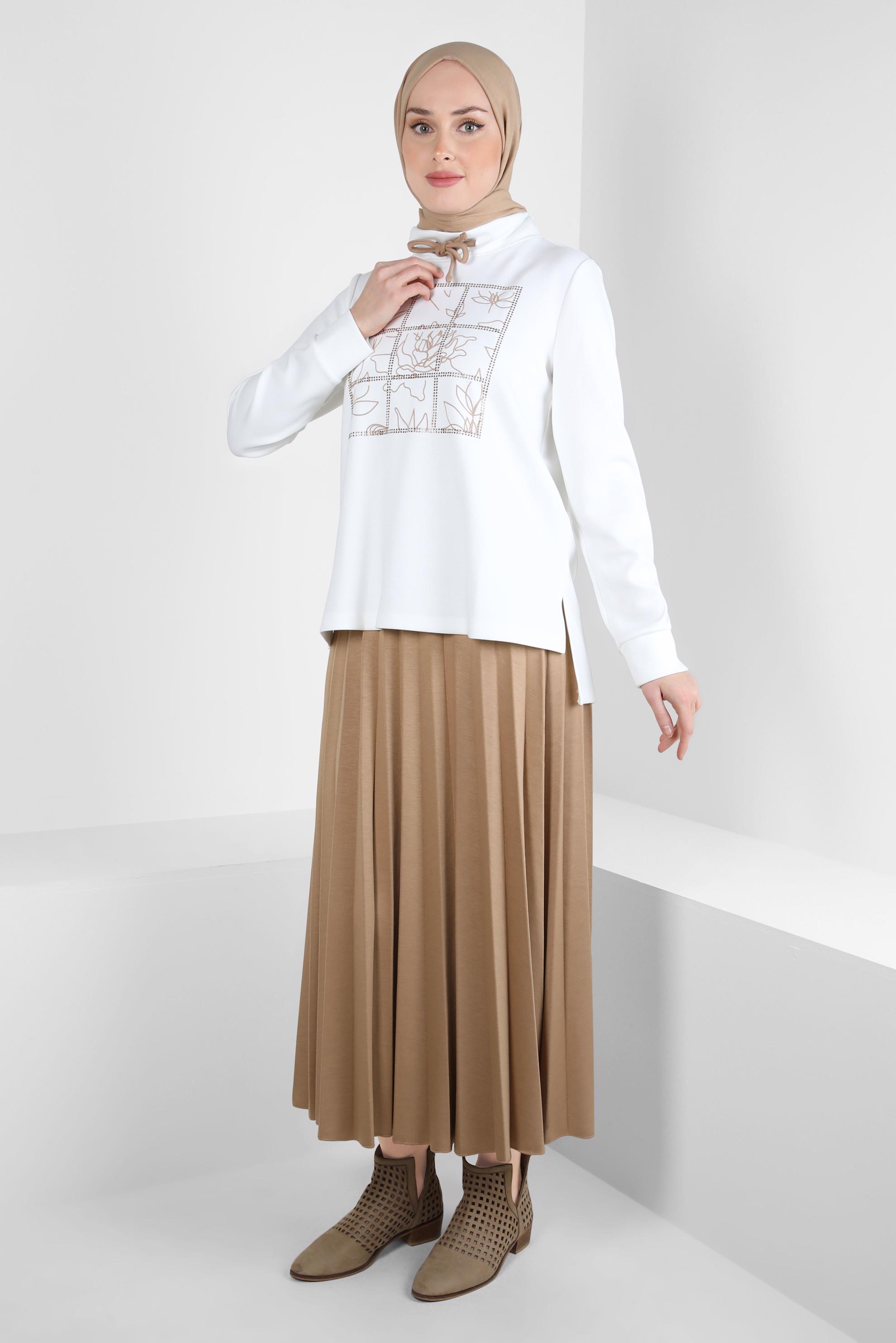 Tesettür giyim KAHVE DESENLİ ETEKLİ EŞOFMAN TAKIM 44259