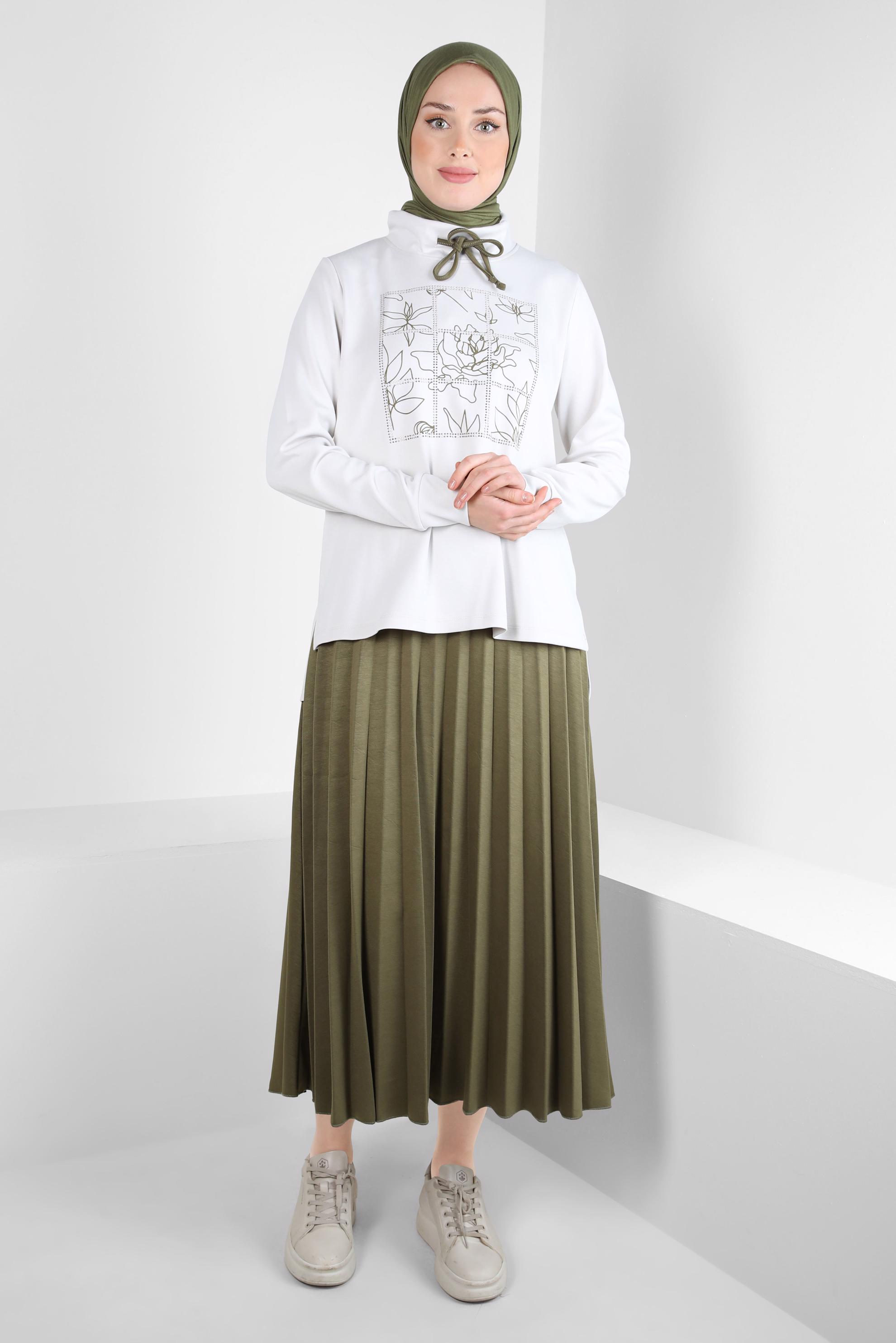 Tesettür giyim HAKİ DESENLİ ETEKLİ EŞOFMAN TAKIM 44259