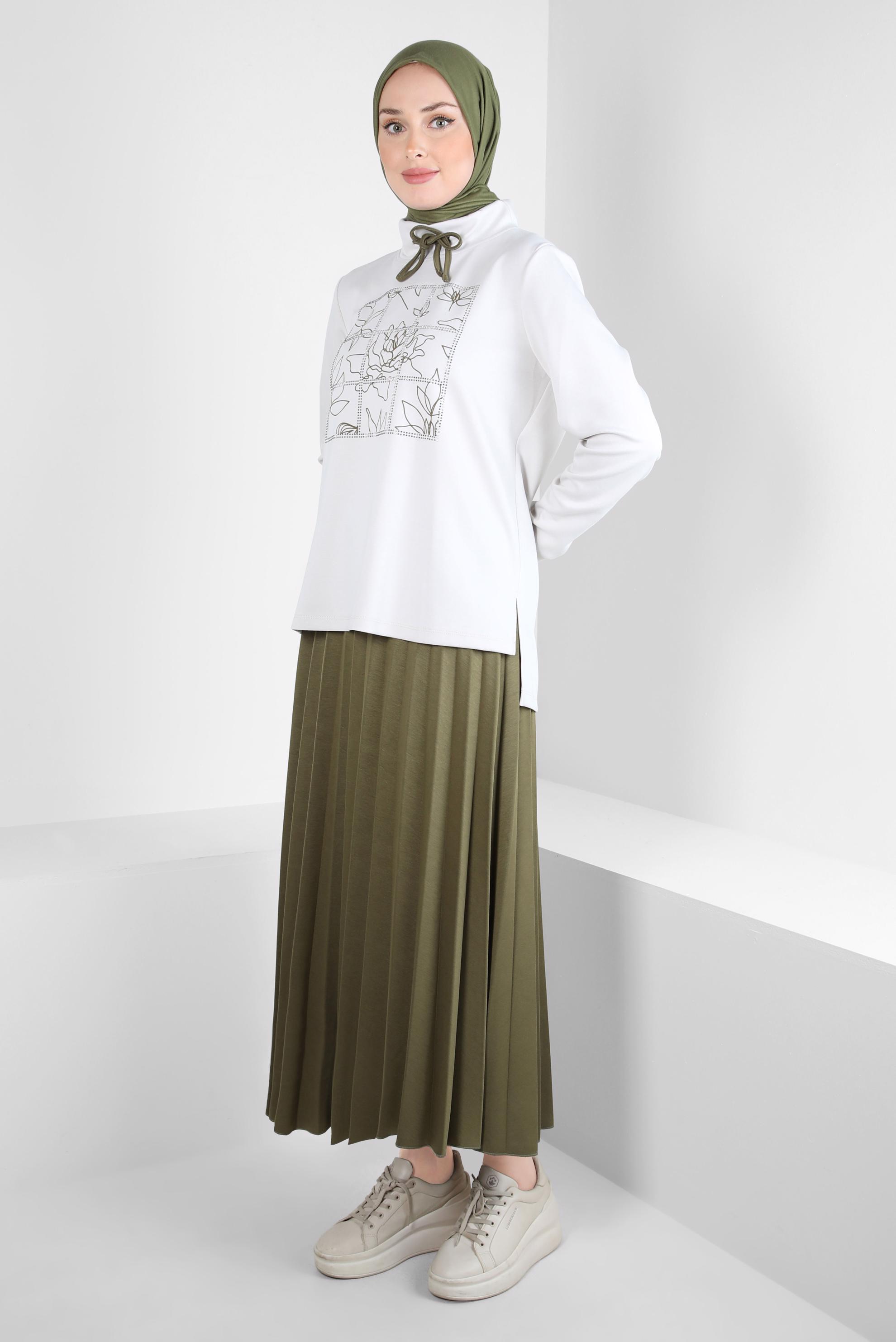 Tesettür giyim HAKİ DESENLİ ETEKLİ EŞOFMAN TAKIM 44259