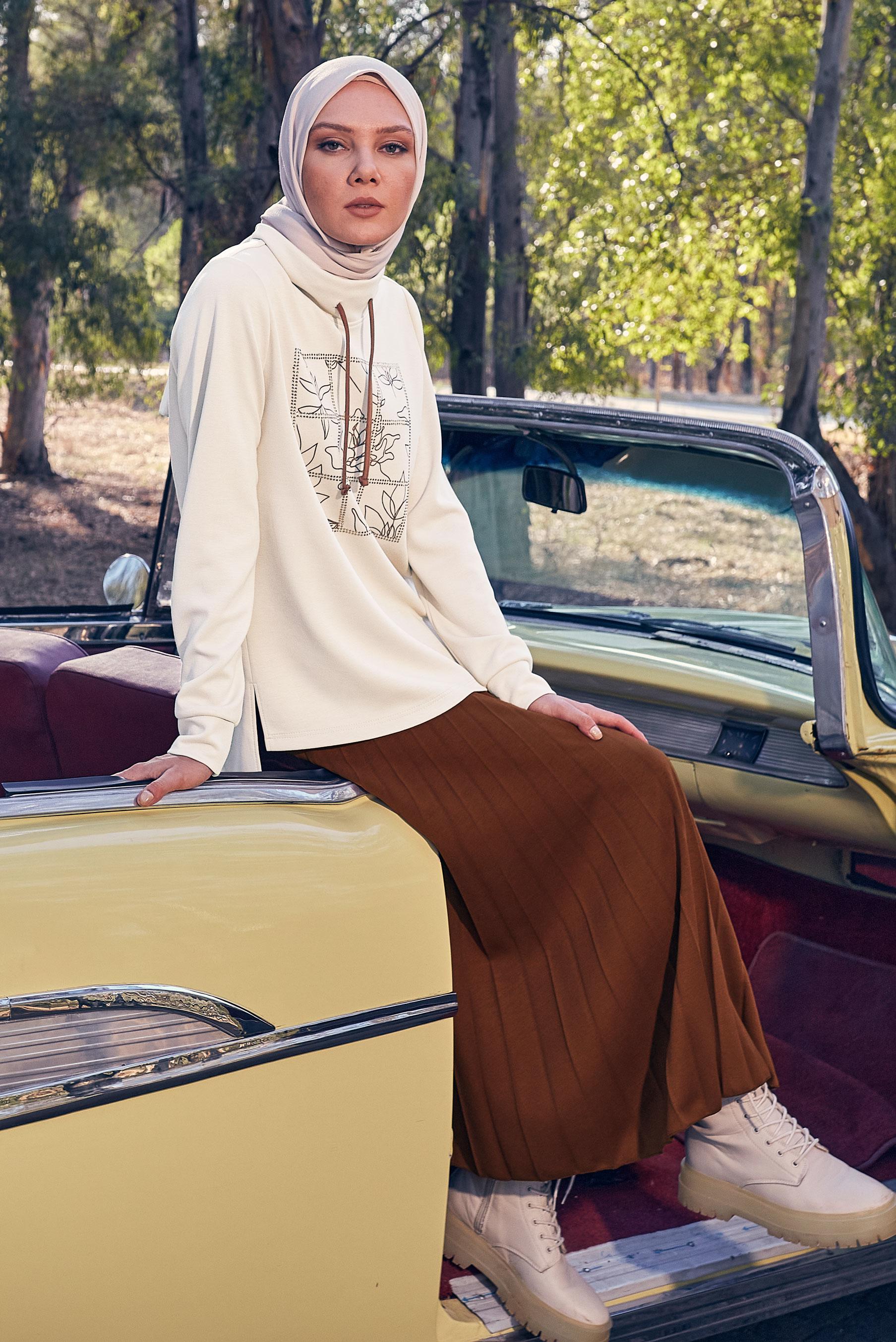 Tesettür giyim KAHVE DESENLİ ETEKLİ EŞOFMAN TAKIM 44259