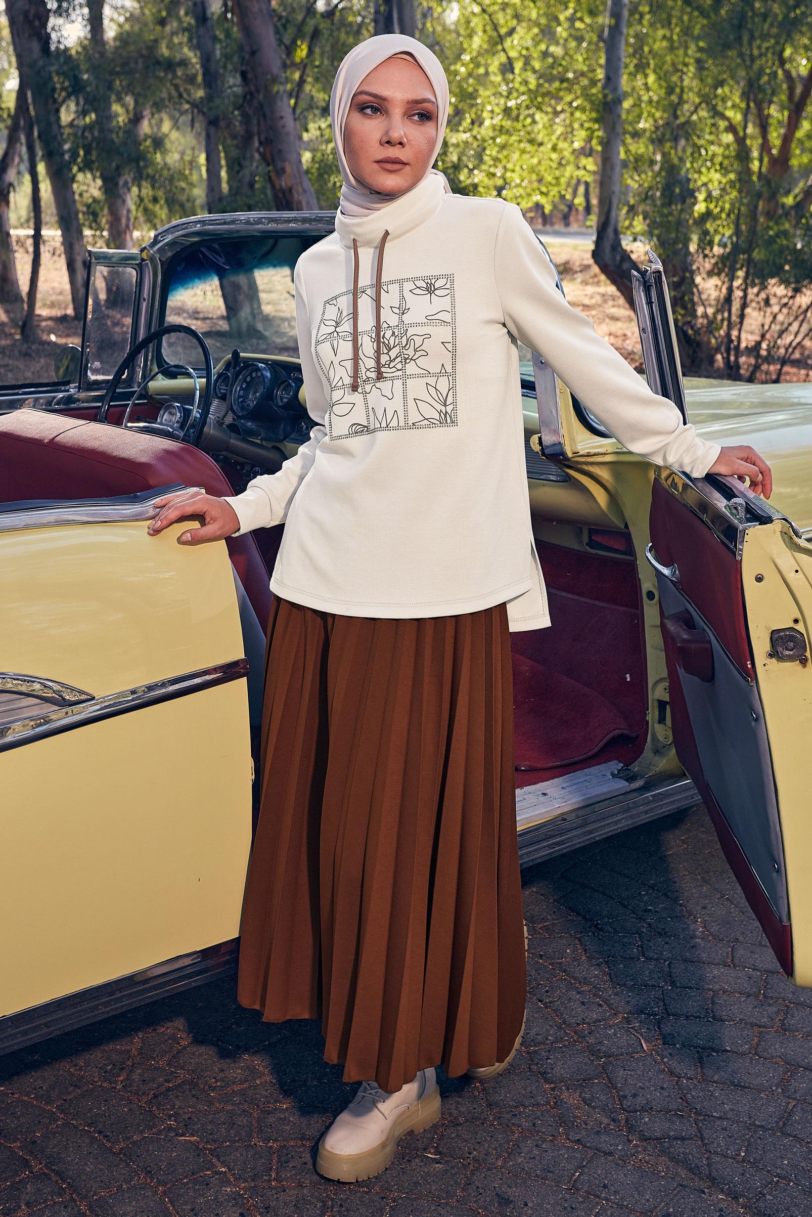 Tesettür giyim KAHVE DESENLİ ETEKLİ EŞOFMAN TAKIM 44259