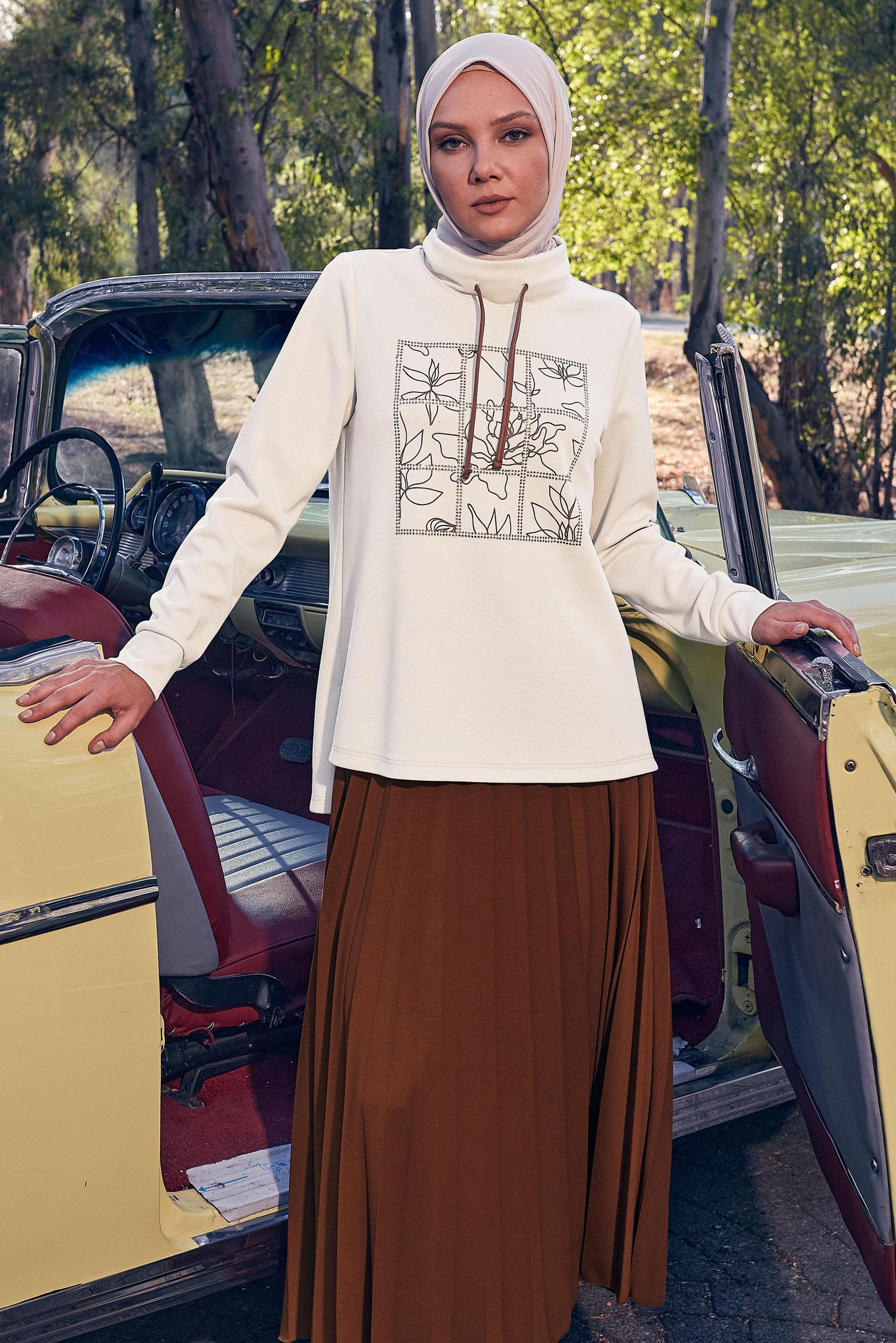 Tesettür giyim KAHVE DESENLİ ETEKLİ EŞOFMAN TAKIM 44259