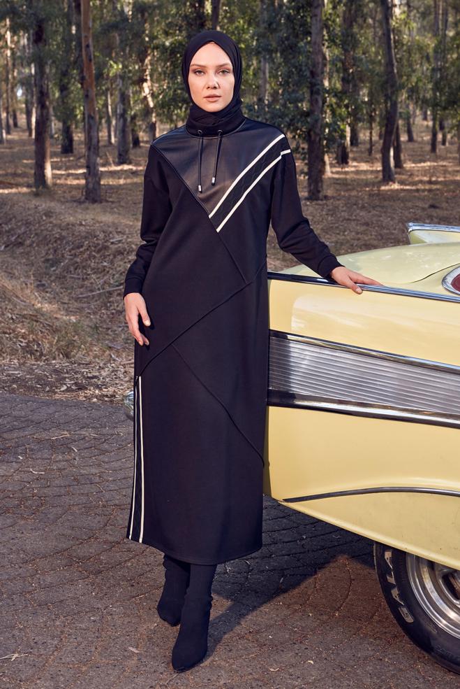 Vêtements hijab NOIR ROBE DE SURVÊTEMENT À RAYURES 44282 - ALVİNA