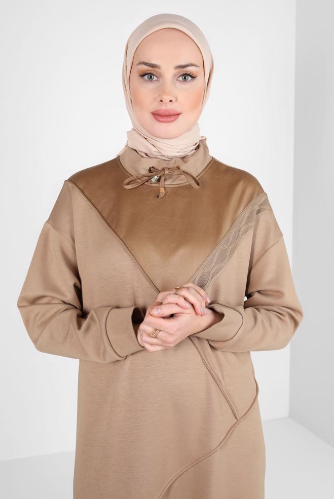 Vêtements hijab BRUN ROBE DE SURVÊTEMENT À RAYURES 44282 - ALVİNA