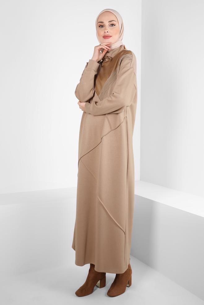 Vêtements hijab BRUN ROBE DE SURVÊTEMENT À RAYURES 44282 - ALVİNA