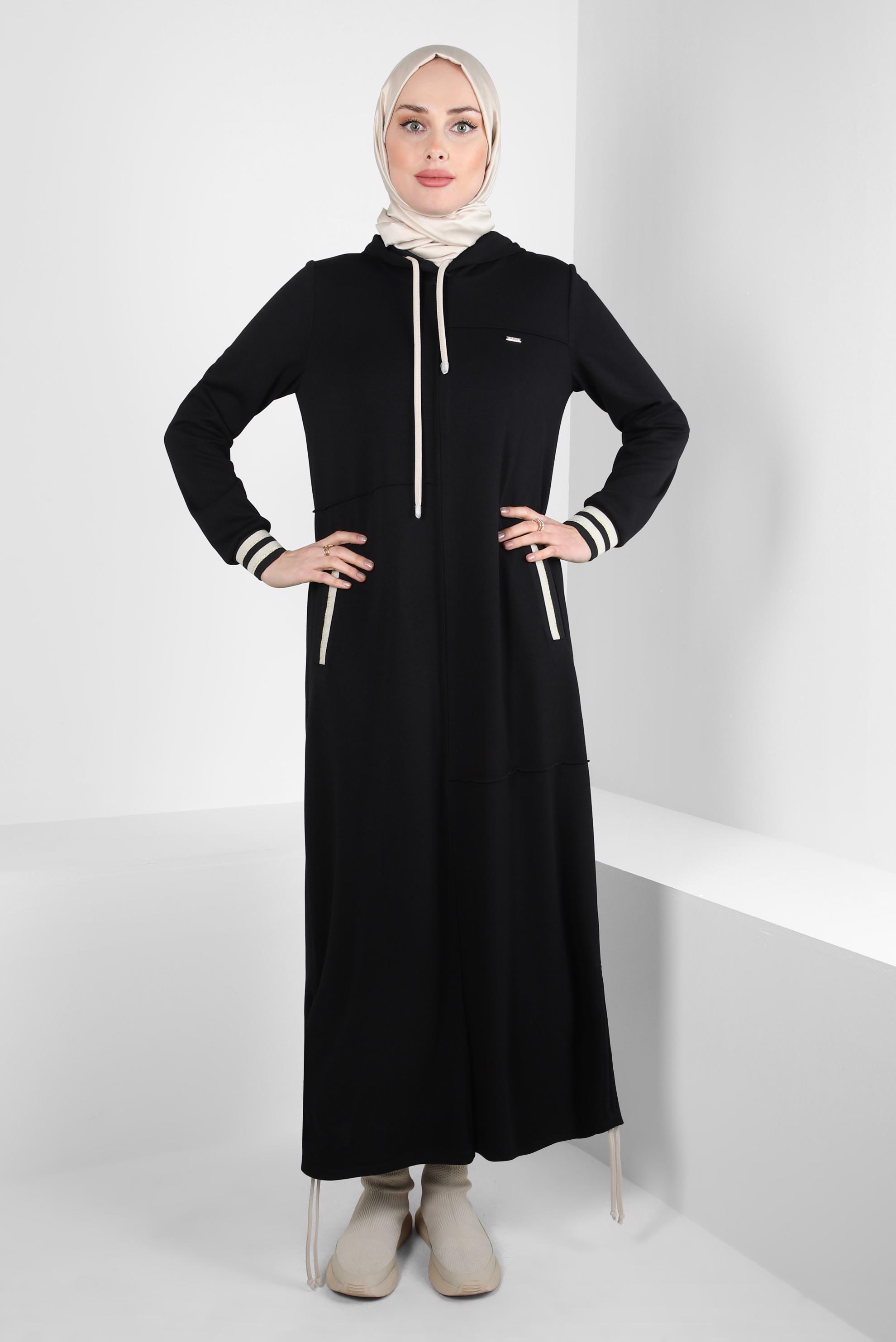 Tesettür giyim SİYAH KAPÜŞONLU EŞOFMAN ELBİSE 44283